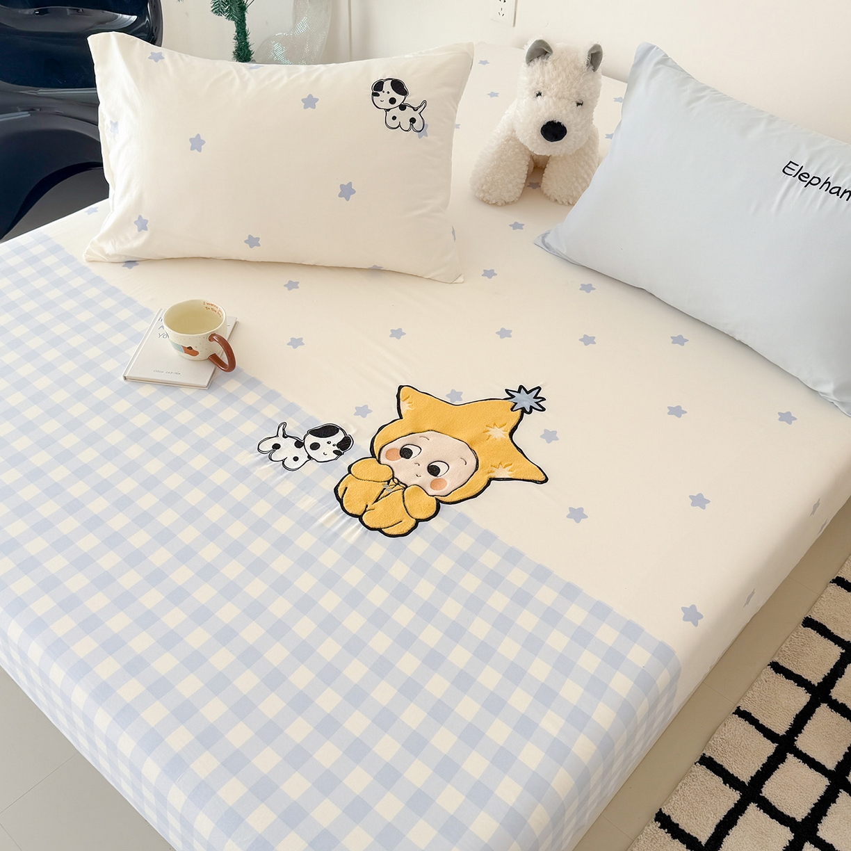 91家纺网 家纺一手货源 找家纺 吾欢心 2026新款水洗棉可爱卡通贴布绣花床笠单品床笠单件床笠三件套 星星宝贝