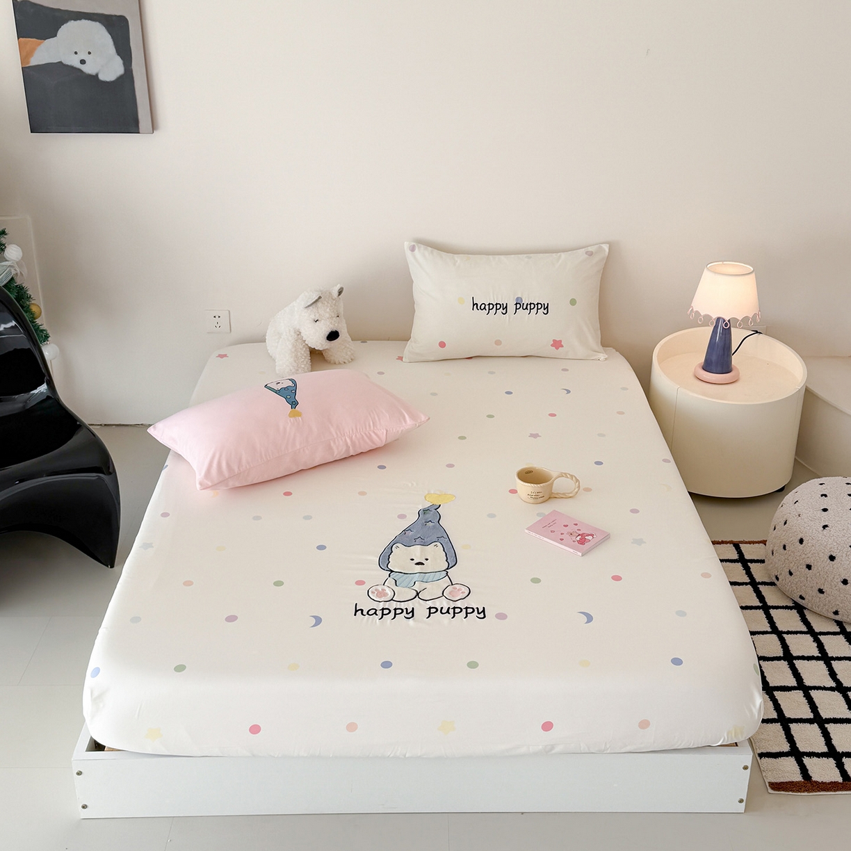 91家纺网 家纺一手货源 找家纺 吾欢心 2026新款水洗棉可爱卡通贴布绣花床笠单品床笠单件床笠三件套 开心露比