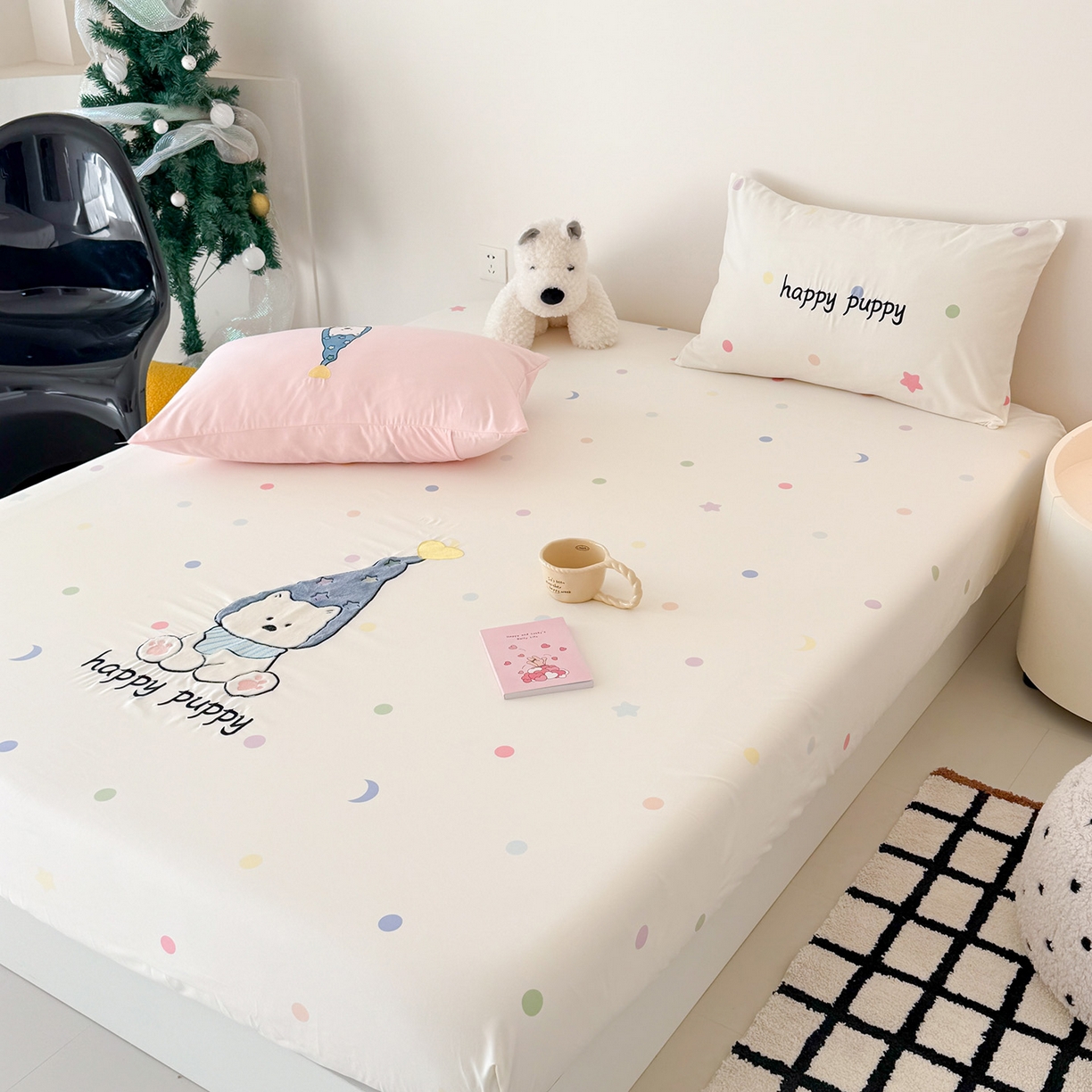 91家纺网 家纺一手货源 找家纺 吾欢心 2026新款水洗棉可爱卡通贴布绣花床笠单品床笠单件床笠三件套 开心露比