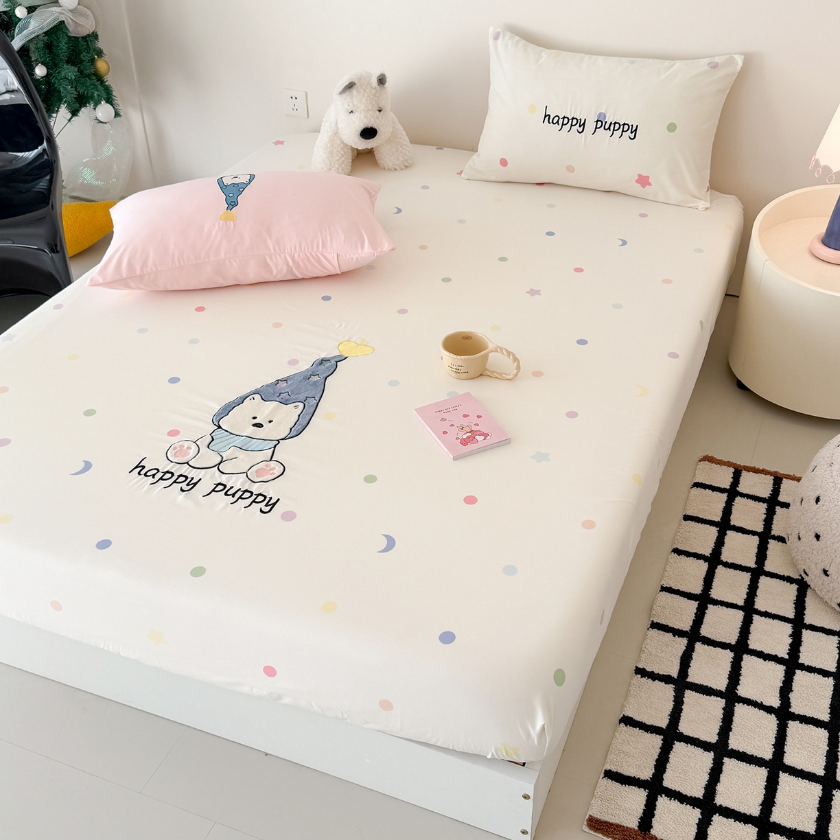 91家纺网 家纺一手货源 找家纺 吾欢心 2026新款水洗棉可爱卡通贴布绣花床笠单品床笠单件床笠三件套 开心露比