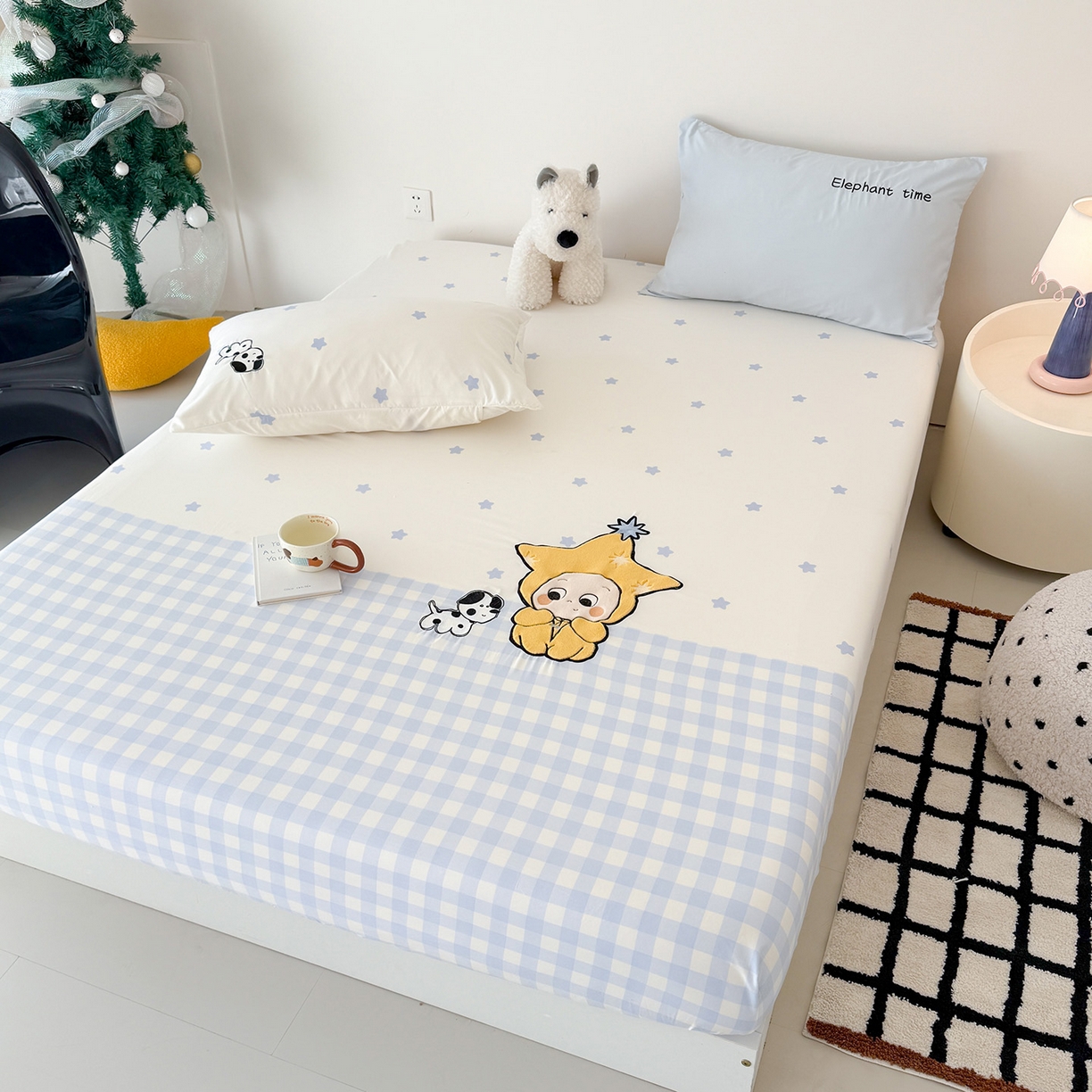 91家纺网 家纺一手货源 找家纺 吾欢心 2026新款水洗棉可爱卡通贴布绣花床笠单品床笠单件床笠三件套 星星宝贝