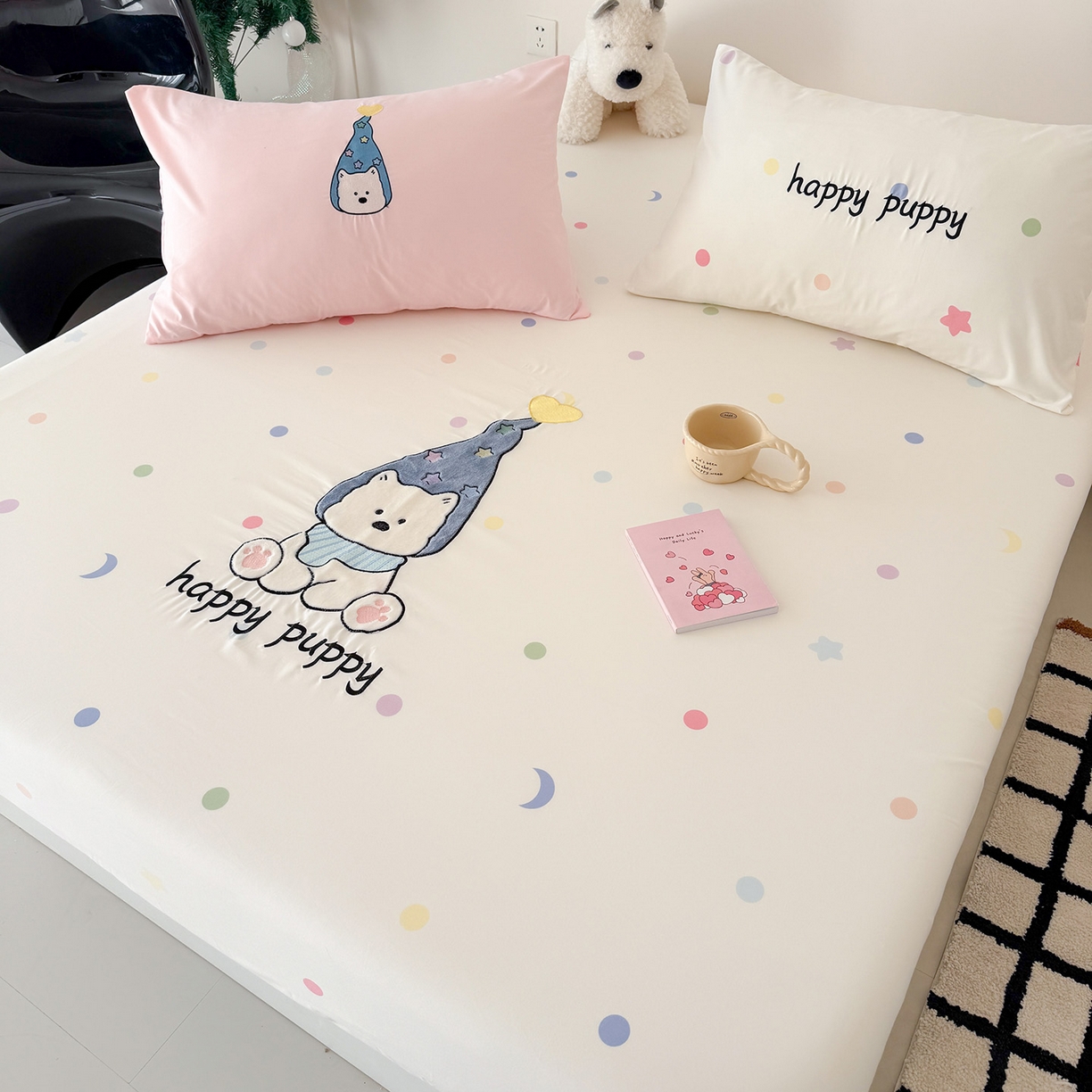 91家纺网 家纺一手货源 找家纺 吾欢心 2026新款水洗棉可爱卡通贴布绣花床笠单品床笠单件床笠三件套 开心露比