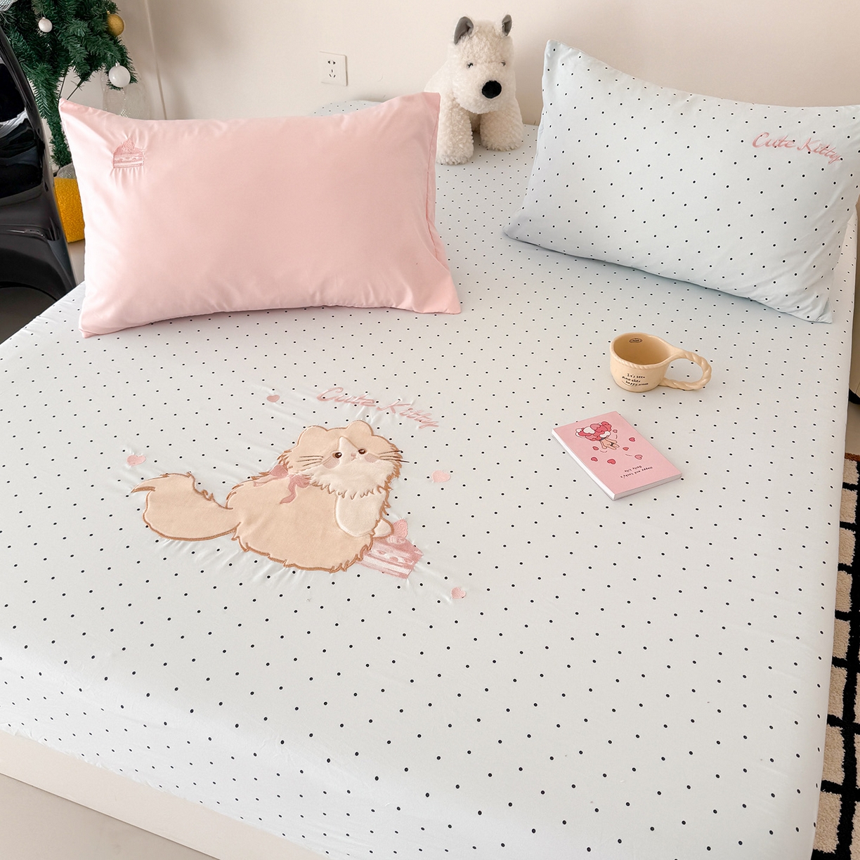 91家纺网 家纺一手货源 找家纺 吾欢心 2026新款水洗棉可爱卡通贴布绣花床笠单品床笠单件床笠三件套 蛋糕猫酱