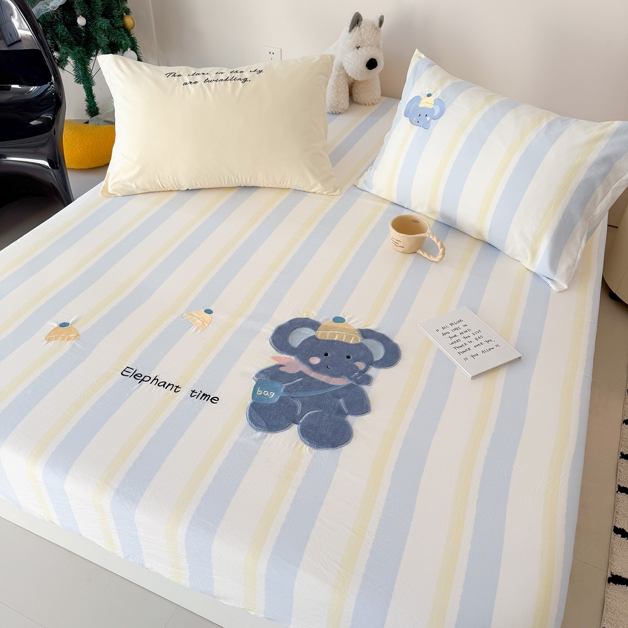 91家纺网 家纺一手货源 找家纺 吾欢心 2026新款水洗棉可爱卡通贴布绣花床笠单品床笠单件床笠三件套 萌萌小象