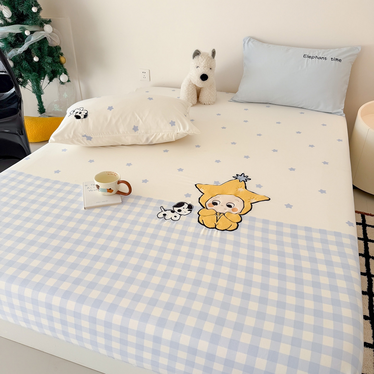 91家纺网 家纺一手货源 找家纺 吾欢心 2026新款水洗棉可爱卡通贴布绣花床笠单品床笠单件床笠三件套 星星宝贝