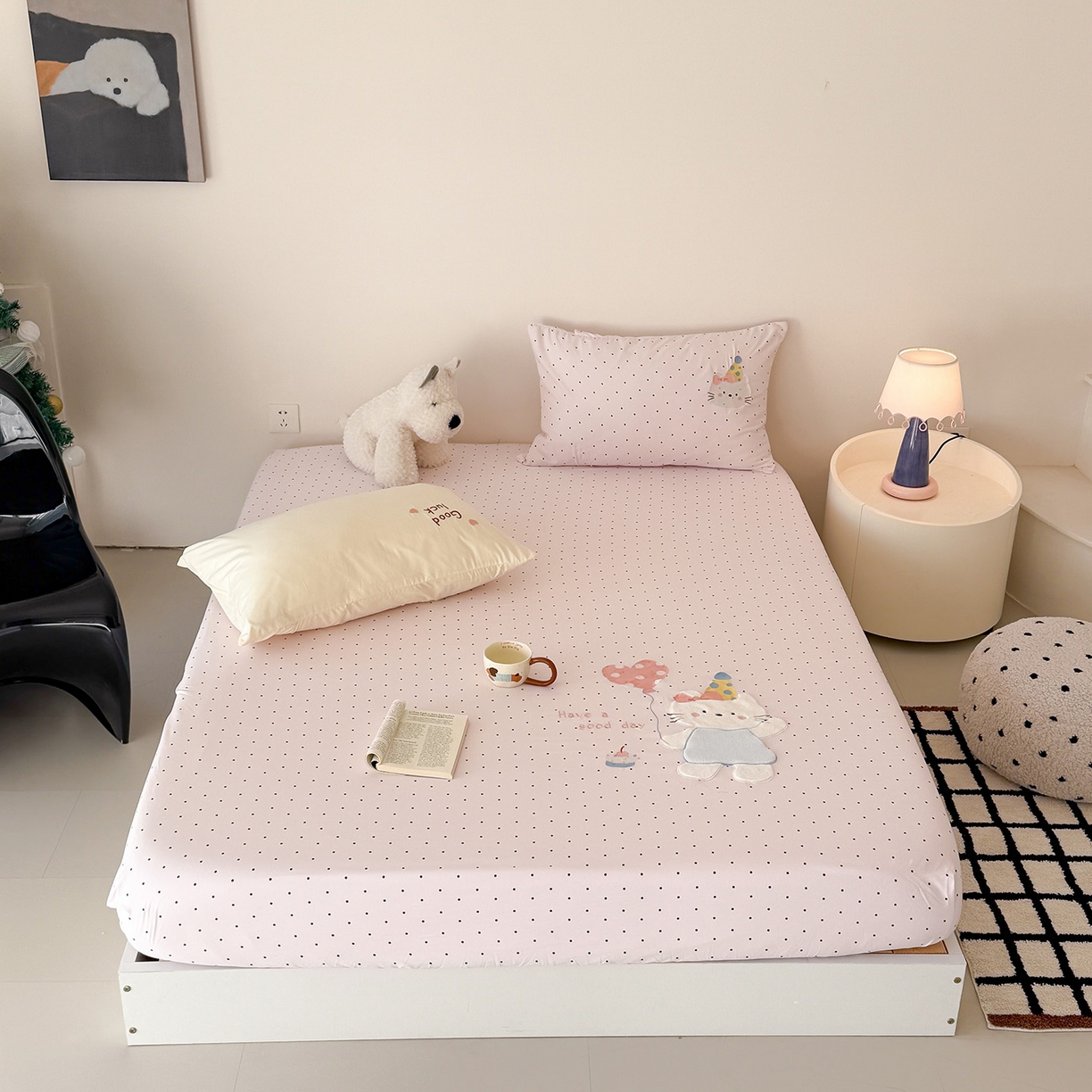 91家纺网 家纺一手货源 找家纺 吾欢心 2026新款水洗棉可爱卡通贴布绣花床笠单品床笠单件床笠三件套 气球猫咪