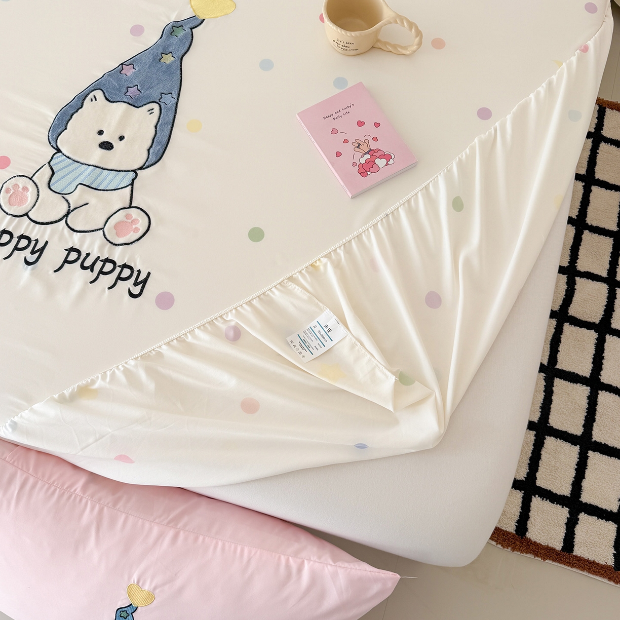 91家纺网 家纺一手货源 找家纺 吾欢心 2026新款水洗棉可爱卡通贴布绣花床笠单品床笠单件床笠三件套 开心露比