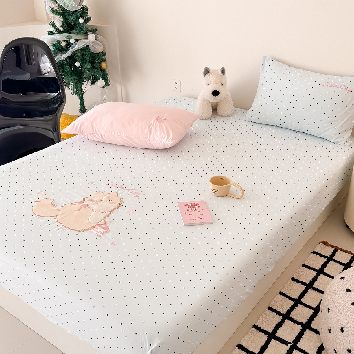 91家纺网 家纺一手货源 找家纺 吾欢心 2026新款水洗棉可爱卡通贴布绣花床笠单品床笠单件床笠三件套 蛋糕猫酱