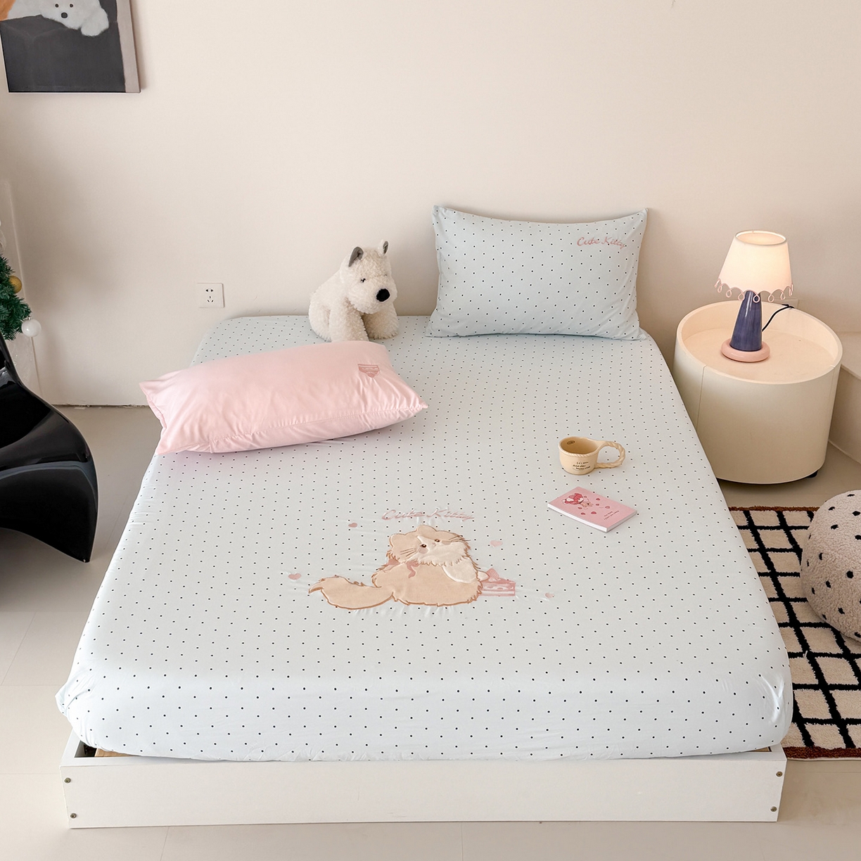 91家纺网 家纺一手货源 找家纺 吾欢心 2026新款水洗棉可爱卡通贴布绣花床笠单品床笠单件床笠三件套 蛋糕猫酱