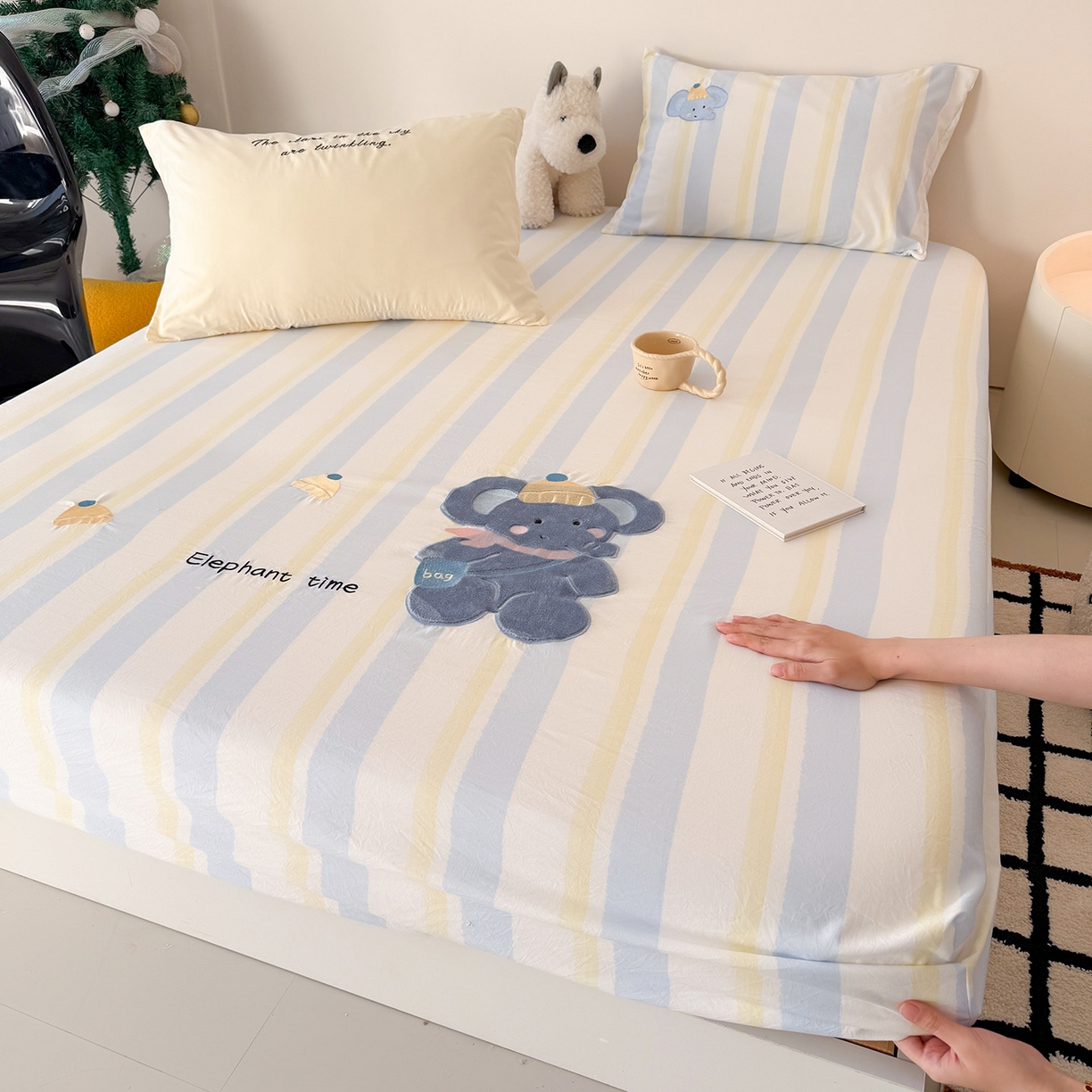 吾欢心 2026新款水洗棉可爱卡通贴布绣花床笠单品床笠单件床笠三件套 萌萌小象