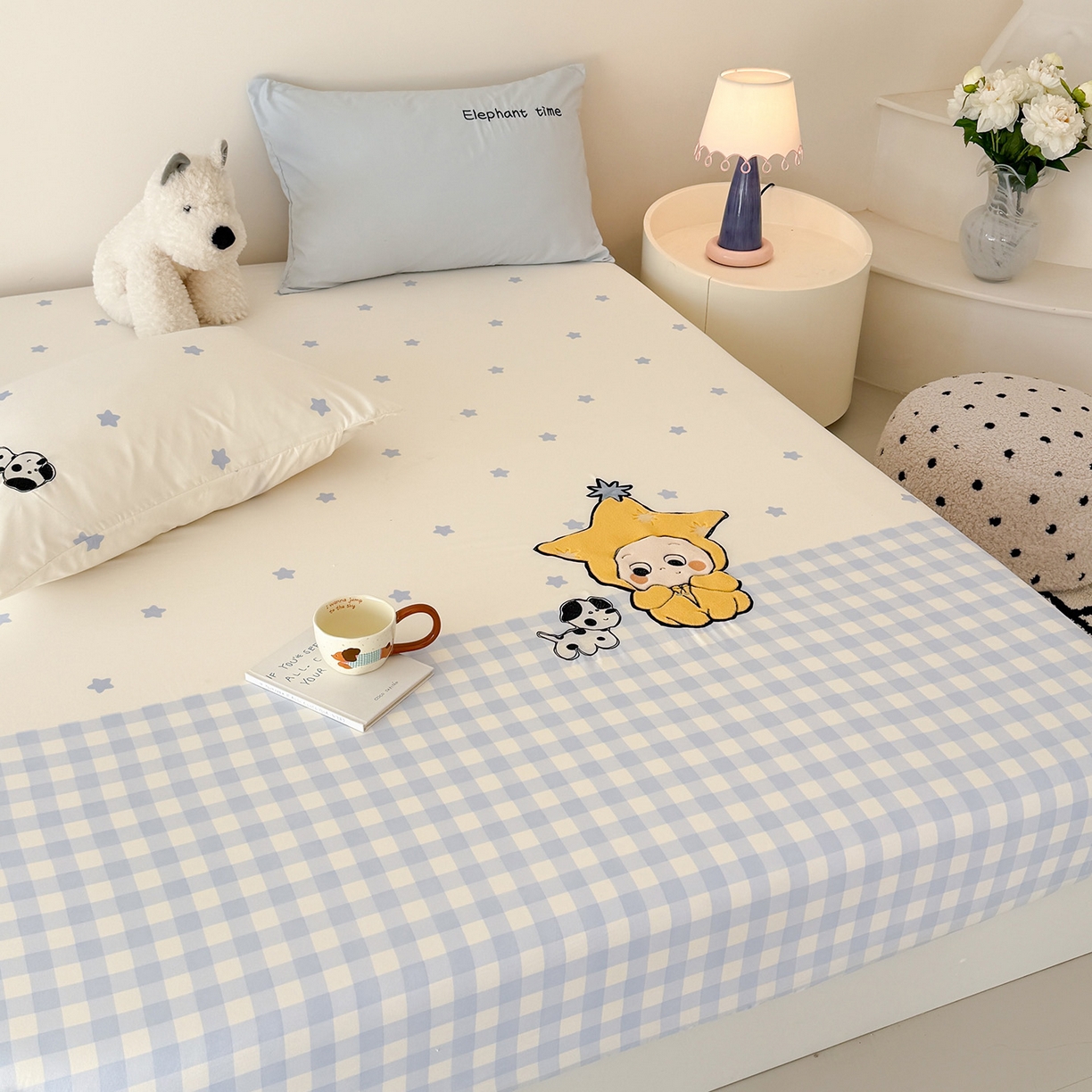 91家纺网 家纺一手货源 找家纺 吾欢心 2026新款水洗棉可爱卡通贴布绣花床笠单品床笠单件床笠三件套 星星宝贝