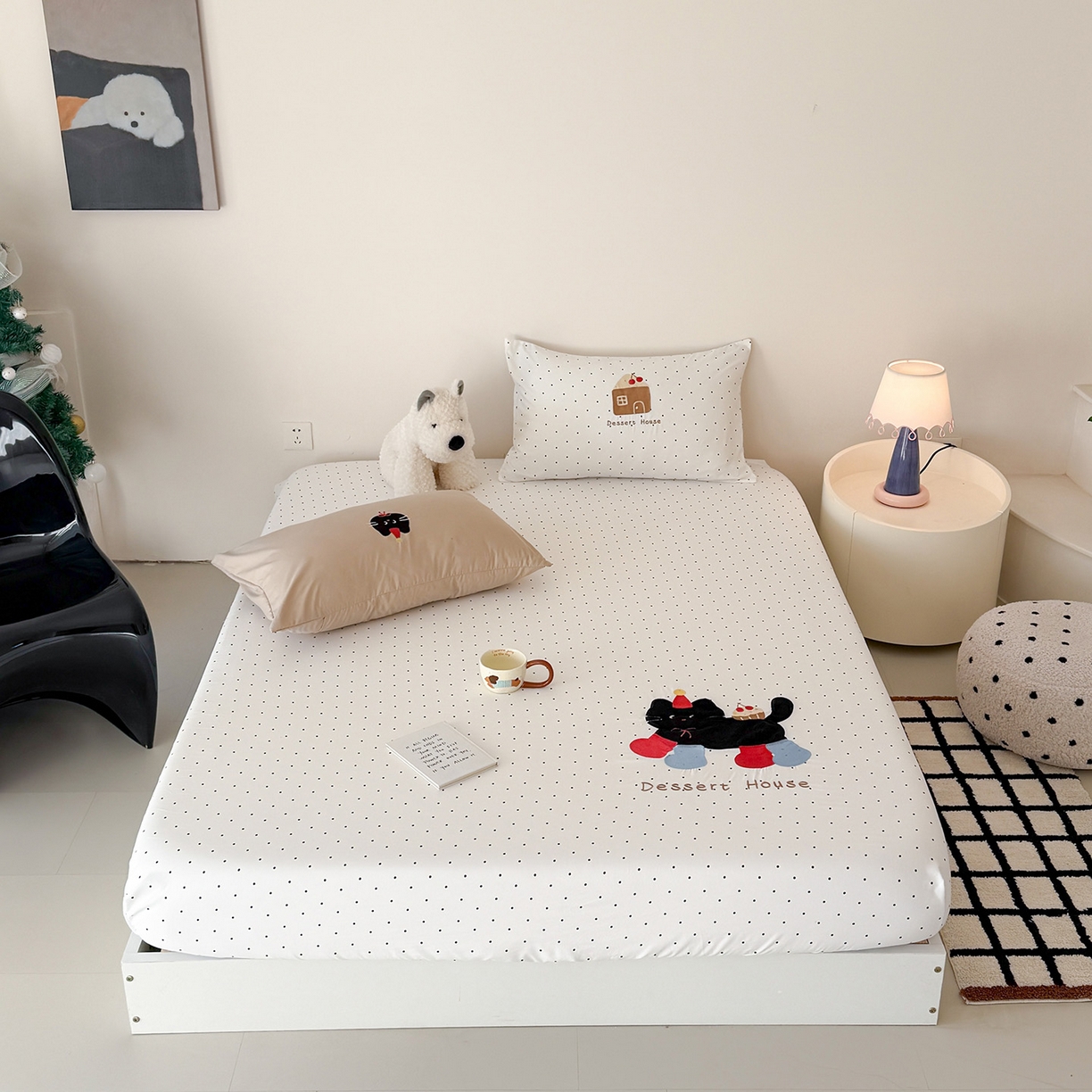 91家纺网 家纺一手货源 找家纺 吾欢心 2026新款水洗棉可爱卡通贴布绣花床笠单品床笠单件床笠三件套 搞怪猫咪