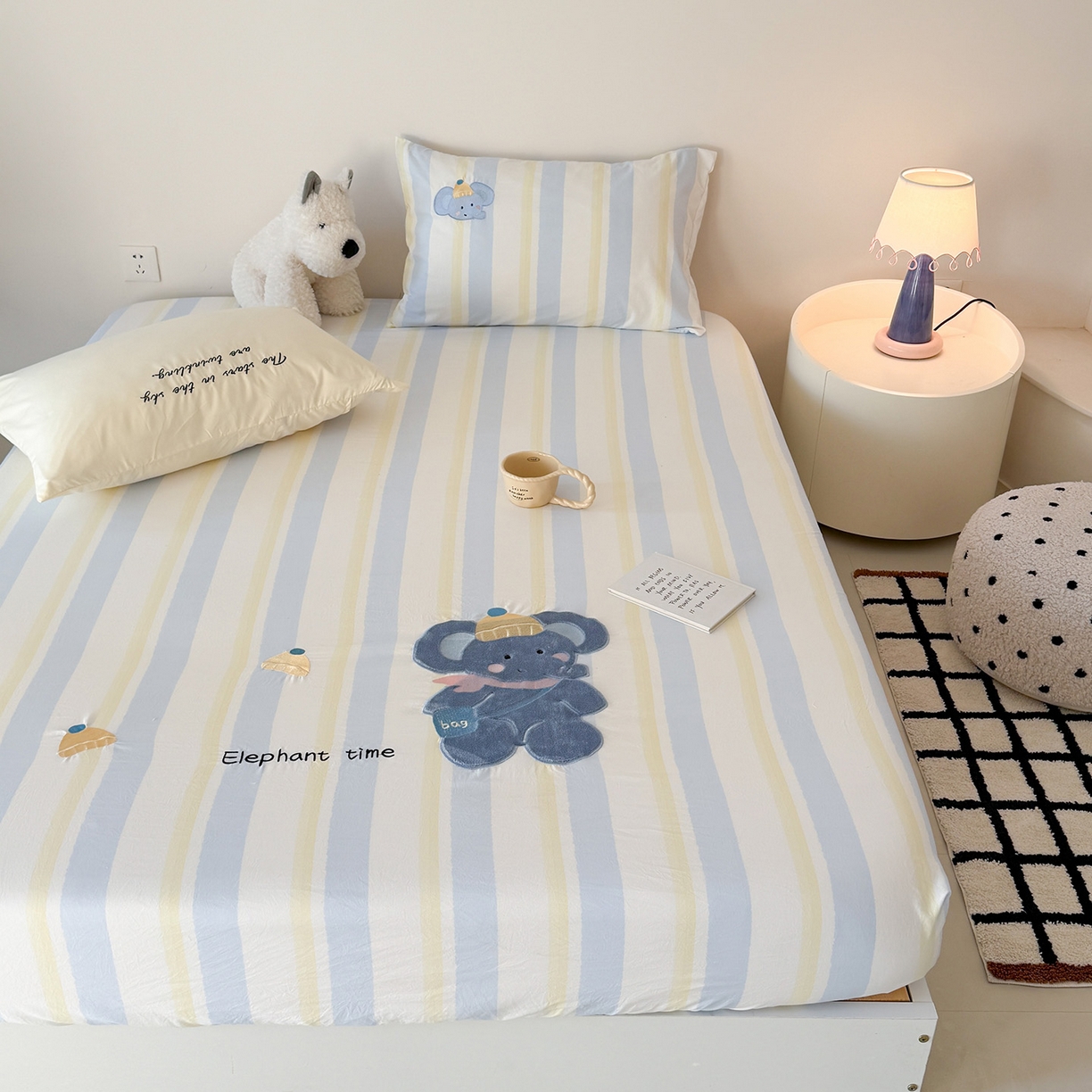 91家纺网 家纺一手货源 找家纺 吾欢心 2026新款水洗棉可爱卡通贴布绣花床笠单品床笠单件床笠三件套 萌萌小象