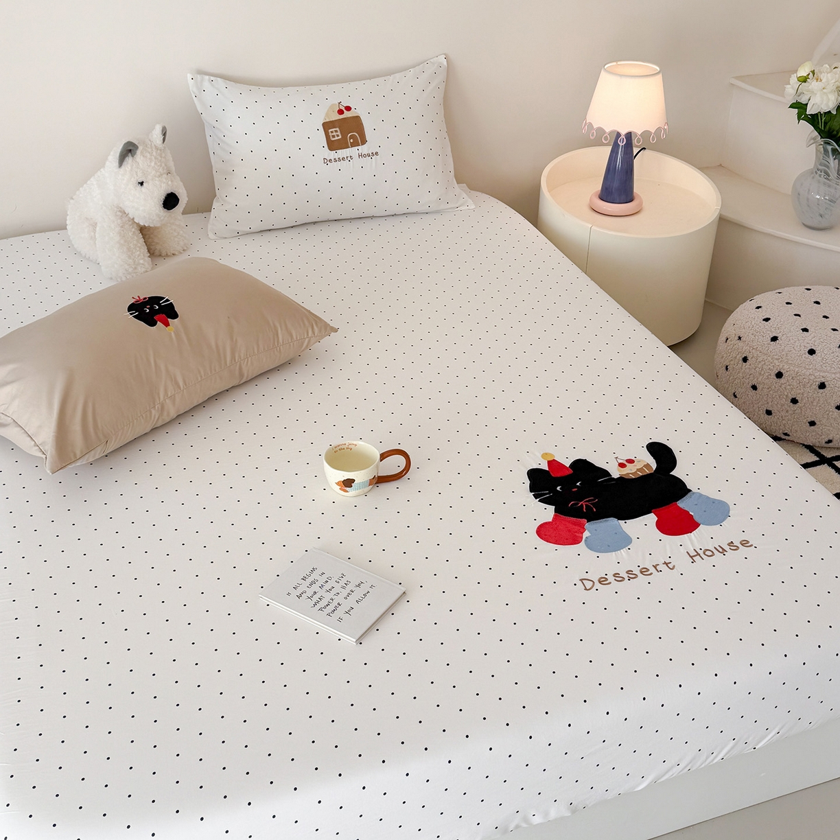 91家纺网 家纺一手货源 找家纺 吾欢心 2026新款水洗棉可爱卡通贴布绣花床笠单品床笠单件床笠三件套 搞怪猫咪