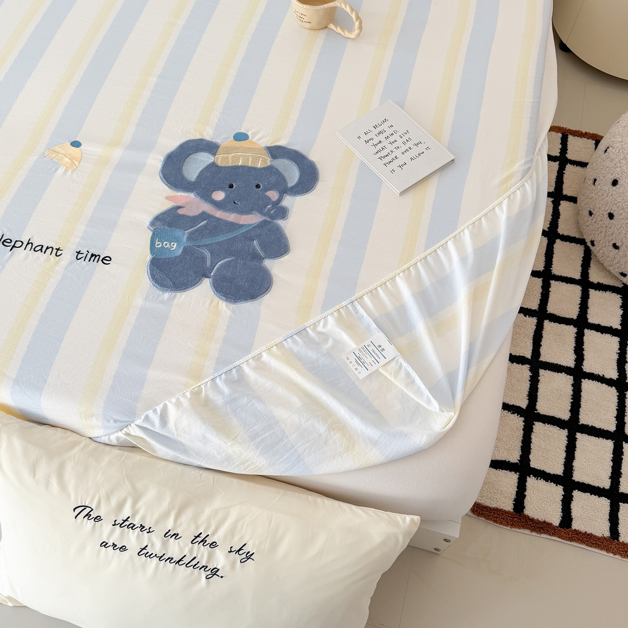 91家纺网 家纺一手货源 找家纺 吾欢心 2026新款水洗棉可爱卡通贴布绣花床笠单品床笠单件床笠三件套 萌萌小象