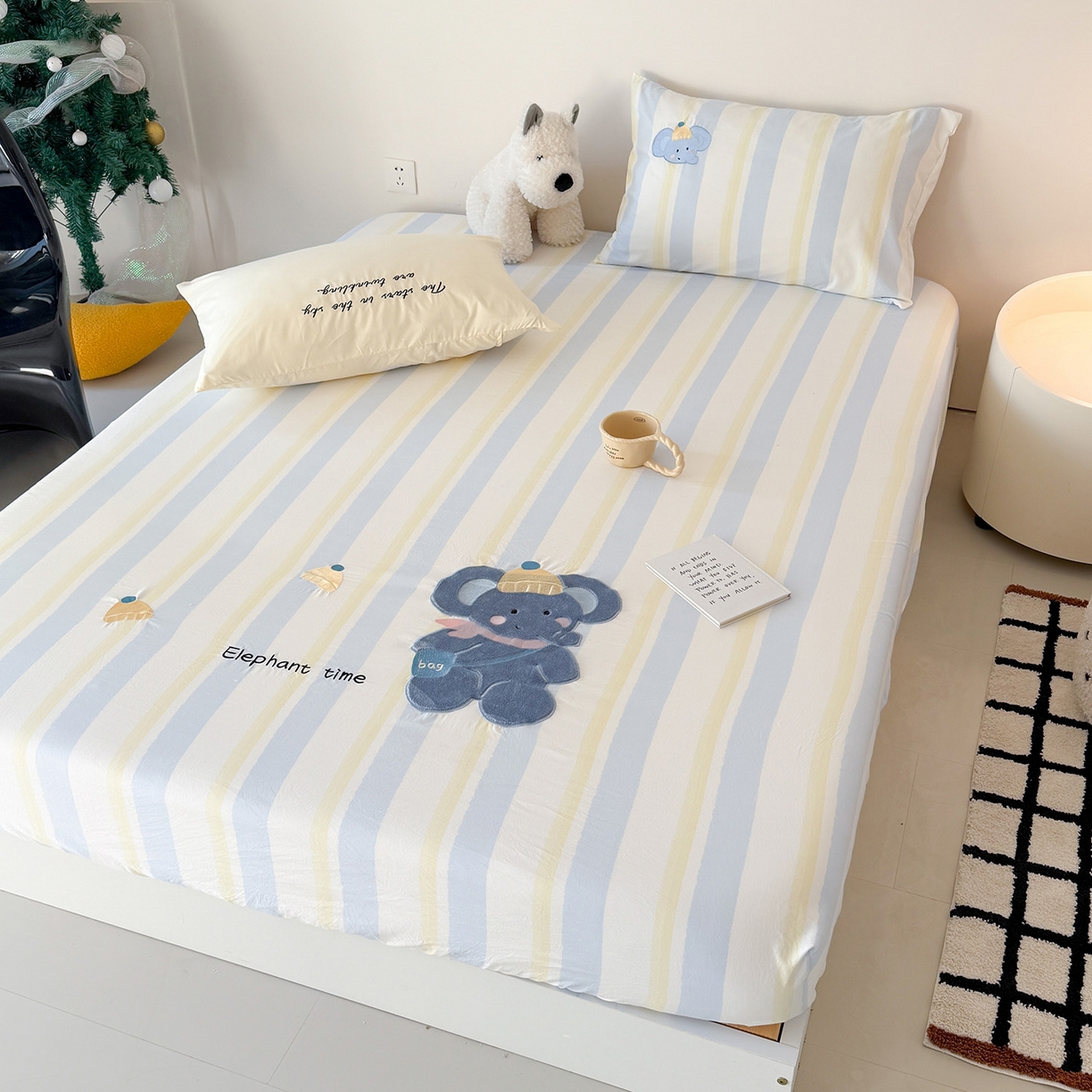 91家纺网 家纺一手货源 找家纺 吾欢心 2026新款水洗棉可爱卡通贴布绣花床笠单品床笠单件床笠三件套 萌萌小象