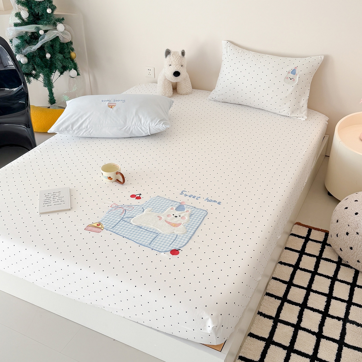 91家纺网 家纺一手货源 找家纺 吾欢心 2026新款水洗棉可爱卡通贴布绣花床笠单品床笠单件床笠三件套 沙发狗