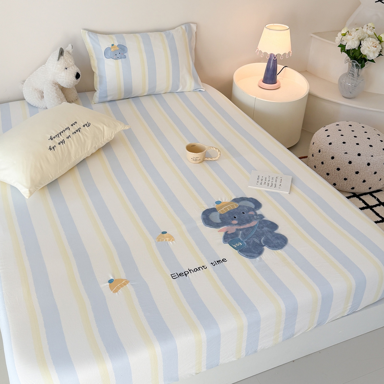 91家纺网 家纺一手货源 找家纺 吾欢心 2026新款水洗棉可爱卡通贴布绣花床笠单品床笠单件床笠三件套 萌萌小象