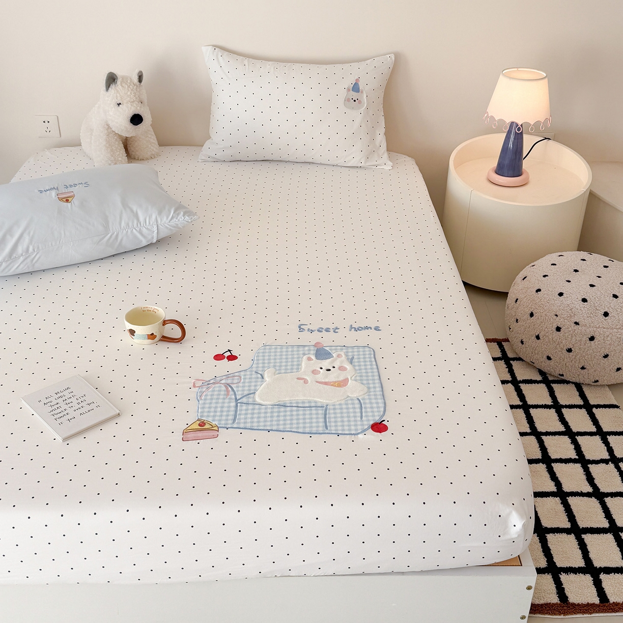 91家纺网 家纺一手货源 找家纺 吾欢心 2026新款水洗棉可爱卡通贴布绣花床笠单品床笠单件床笠三件套 沙发狗