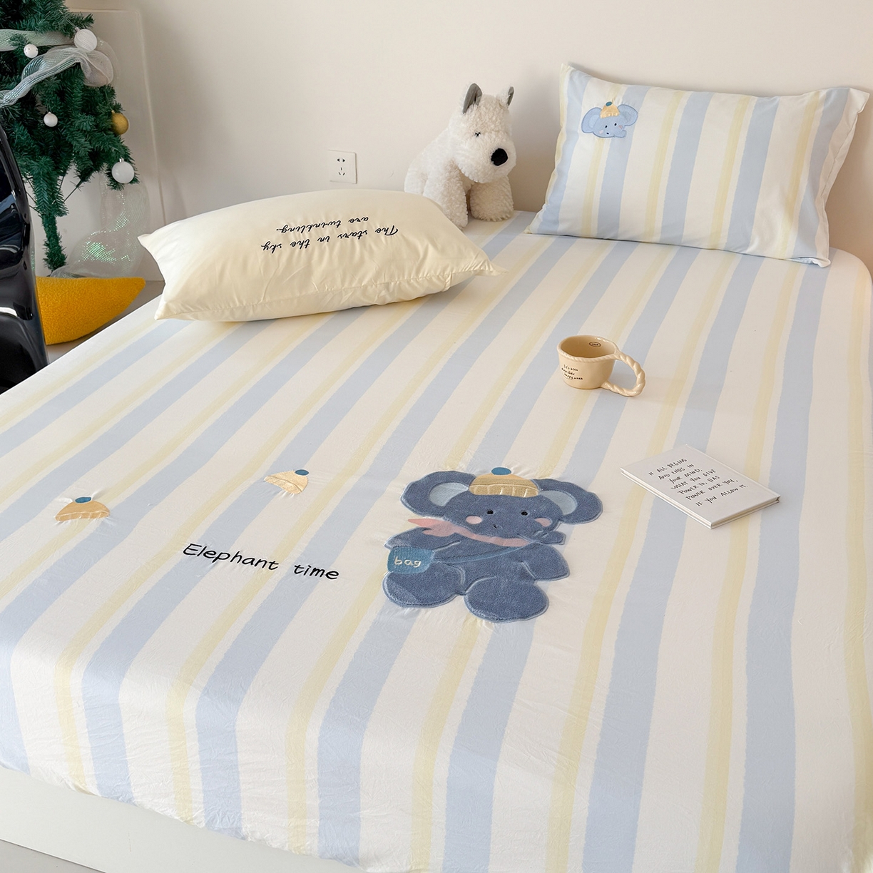 91家纺网 家纺一手货源 找家纺 吾欢心 2026新款水洗棉可爱卡通贴布绣花床笠单品床笠单件床笠三件套 萌萌小象