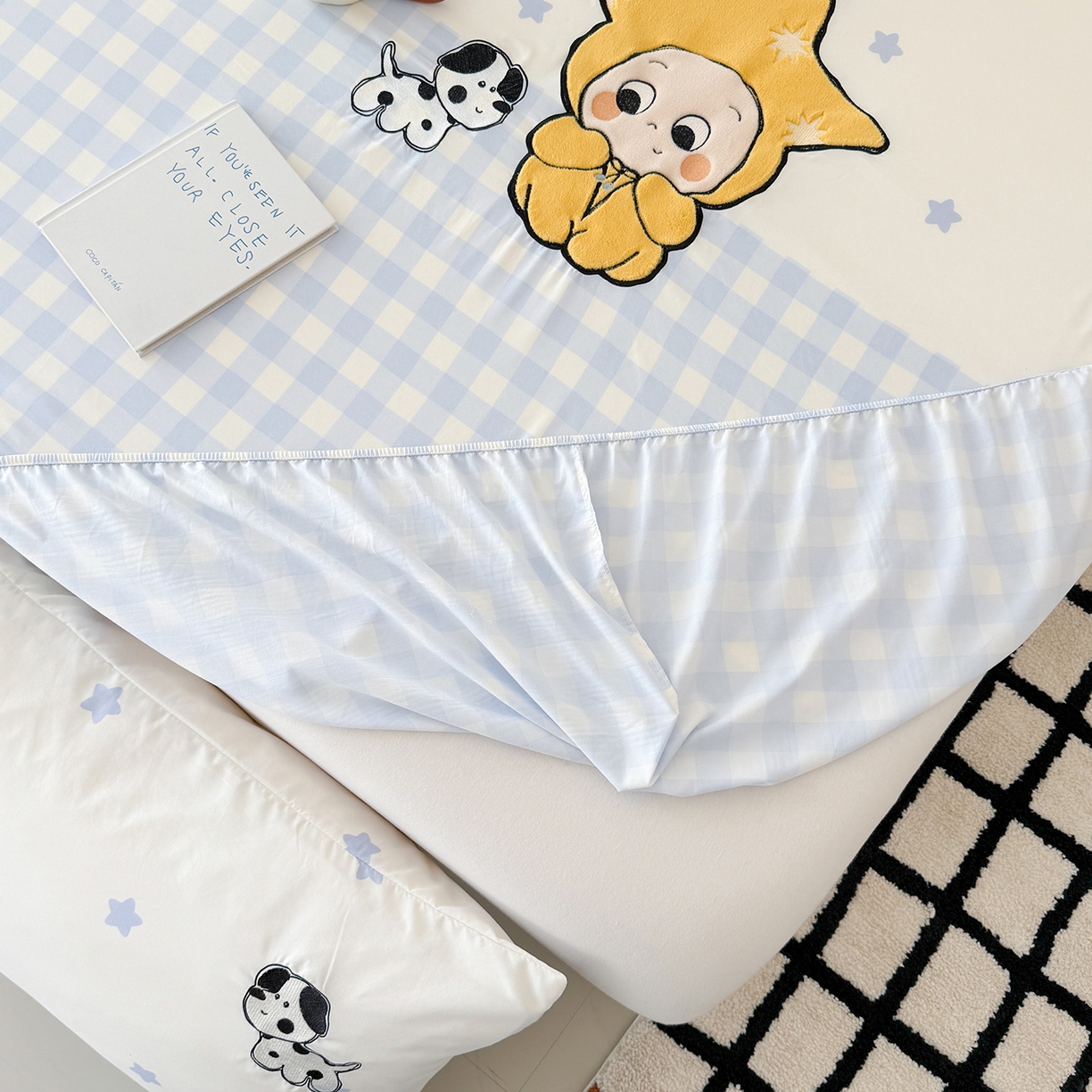 91家纺网 家纺一手货源 找家纺 吾欢心 2026新款水洗棉可爱卡通贴布绣花床笠单品床笠单件床笠三件套 星星宝贝