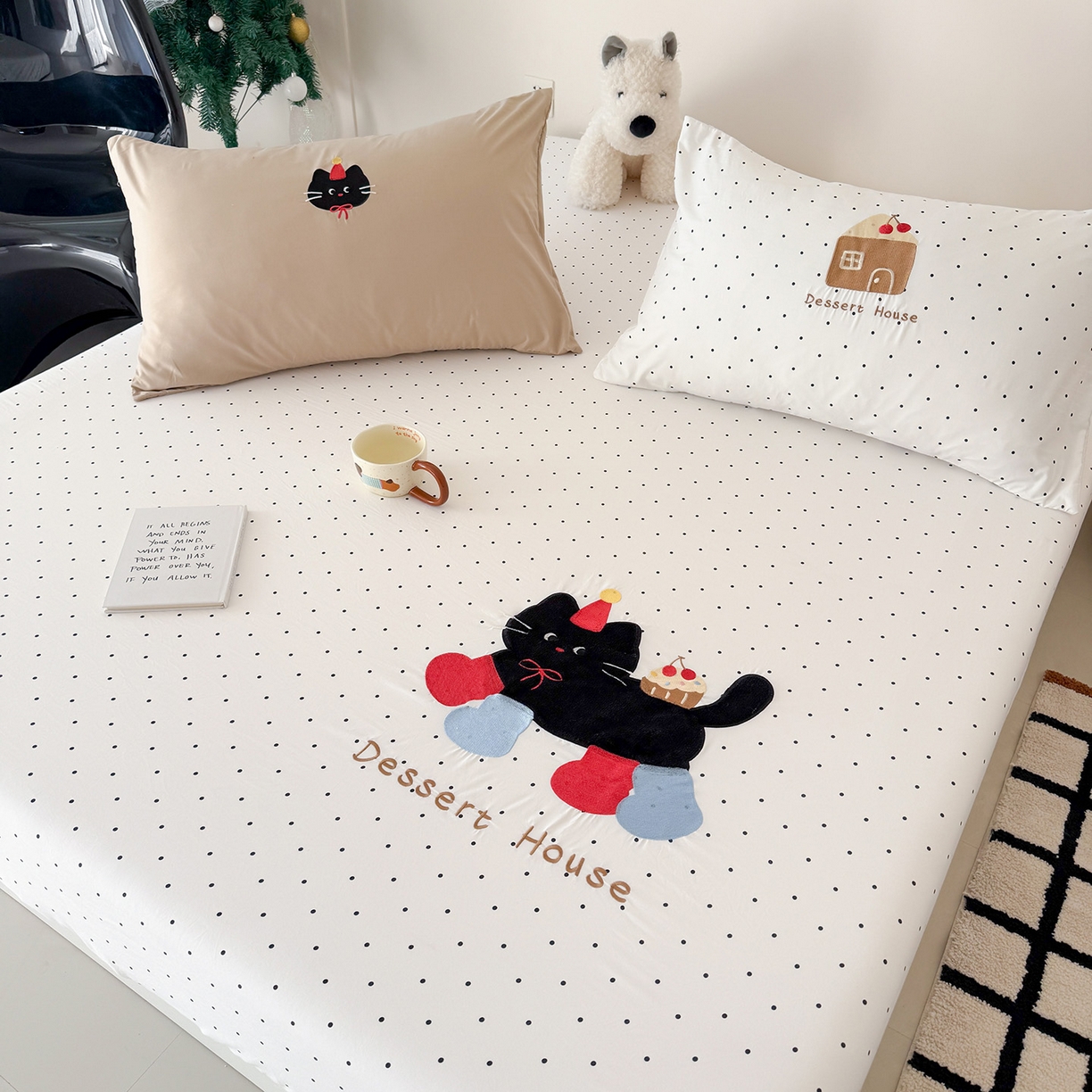 91家纺网 家纺一手货源 找家纺 吾欢心 2026新款水洗棉可爱卡通贴布绣花床笠单品床笠单件床笠三件套 搞怪猫咪