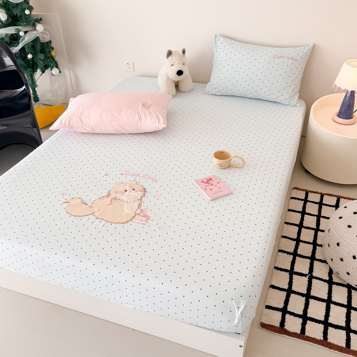 91家纺网 家纺一手货源 找家纺 吾欢心 2026新款水洗棉可爱卡通贴布绣花床笠单品床笠单件床笠三件套 蛋糕猫酱