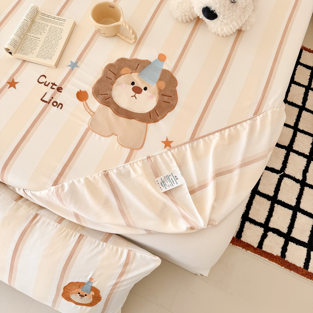 91家纺网 家纺一手货源 找家纺 吾欢心 2026新款水洗棉可爱卡通贴布绣花床笠单品床笠单件床笠三件套 小狮子