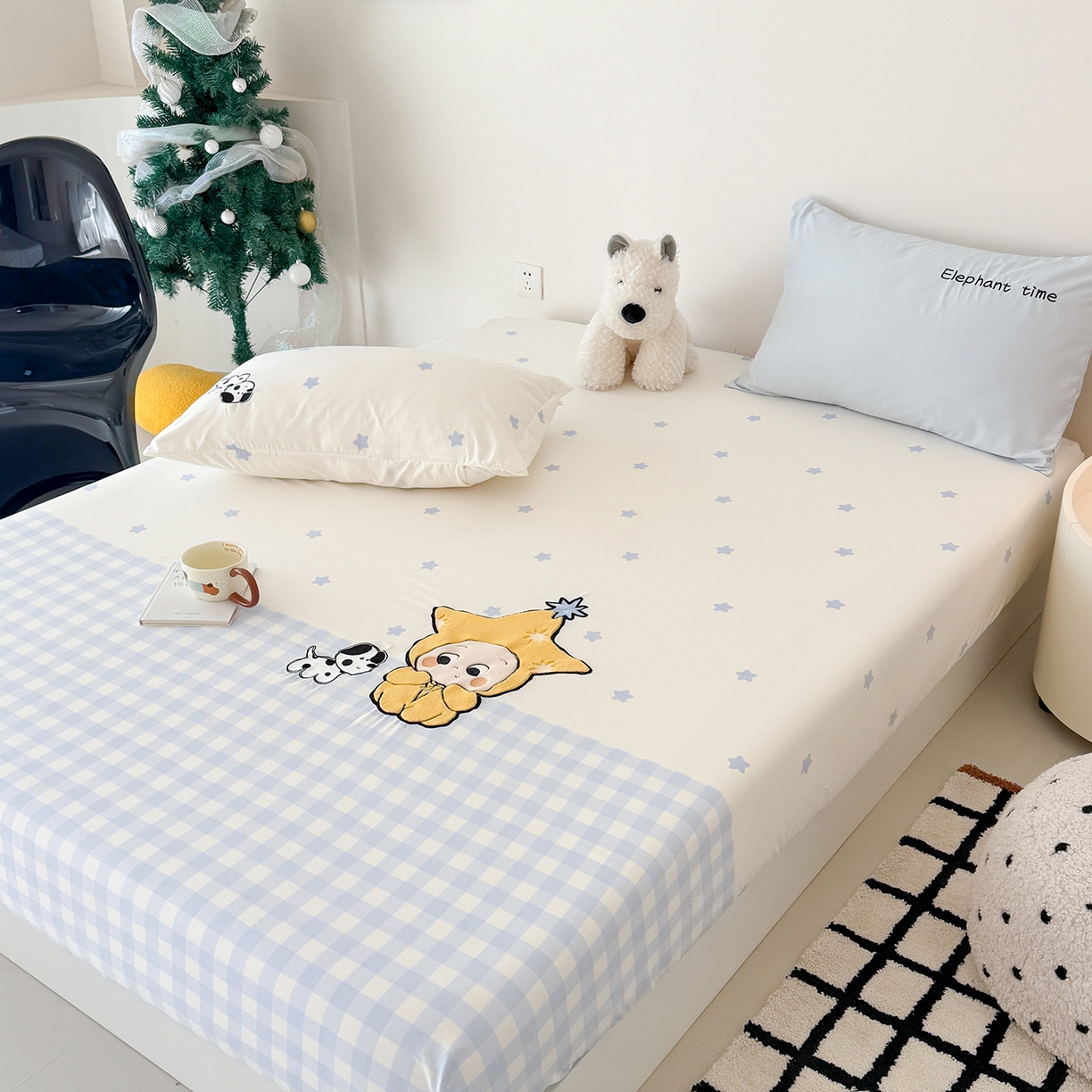 91家纺网 家纺一手货源 找家纺 吾欢心 2026新款水洗棉可爱卡通贴布绣花床笠单品床笠单件床笠三件套 星星宝贝