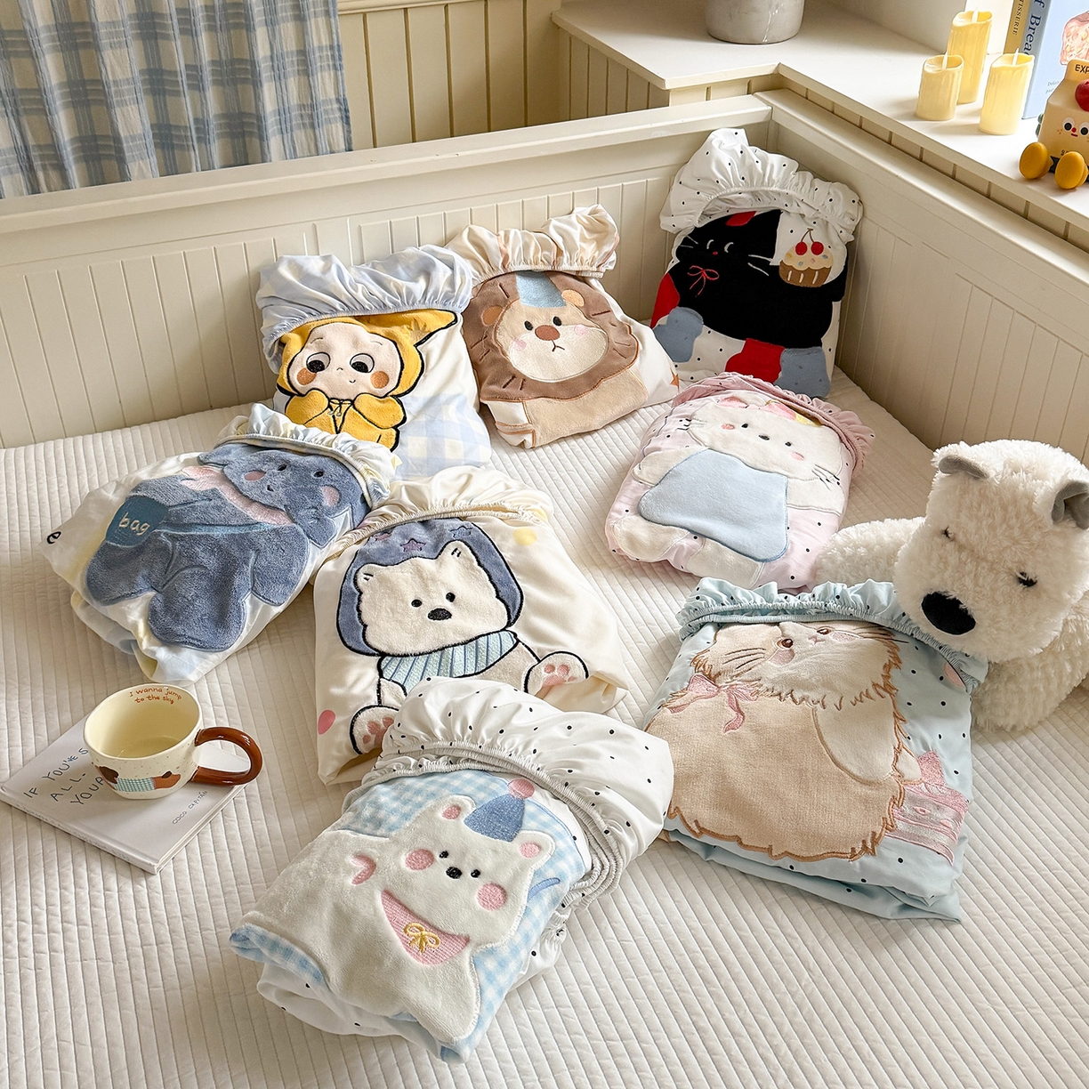 吾欢心 2026新款水洗棉可爱卡通贴布绣花床笠单品床笠单件床笠三件套 组合图仅供参考 不可下单