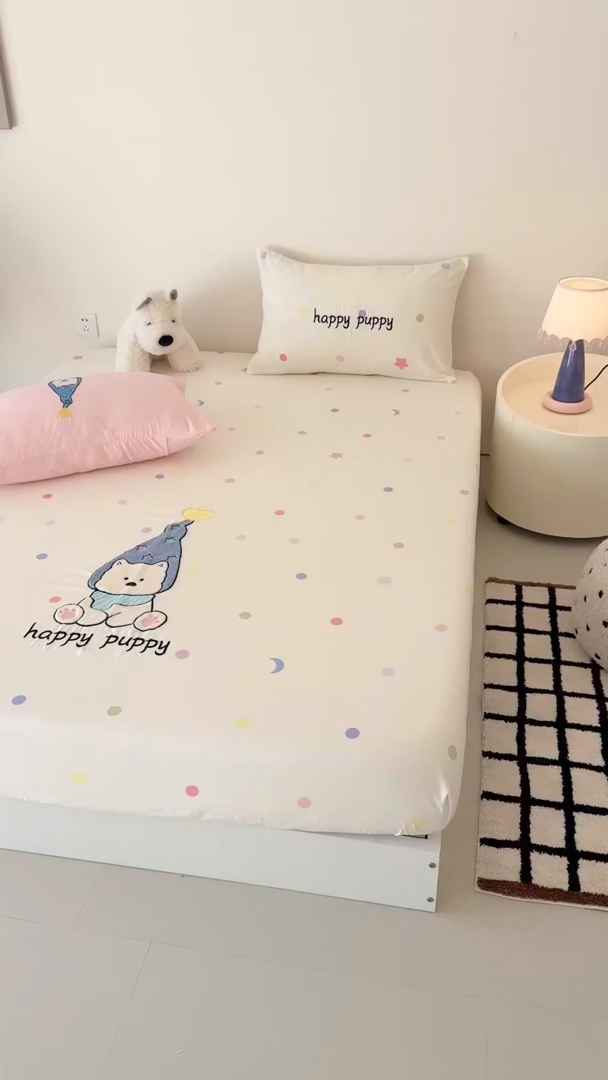 91家纺网 家纺一手货源 找家纺 吾欢心 2026新款水洗棉可爱卡通贴布绣花床笠单品床笠单件床笠三件套 开心露比