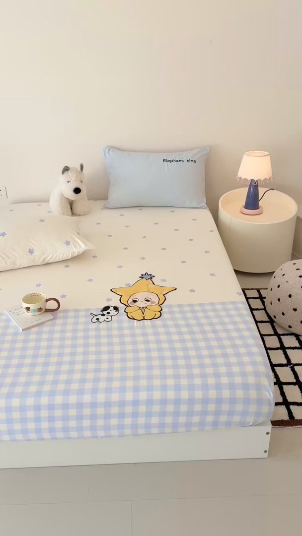 91家纺网 家纺一手货源 找家纺 吾欢心 2026新款水洗棉可爱卡通贴布绣花床笠单品床笠单件床笠三件套 星星宝贝