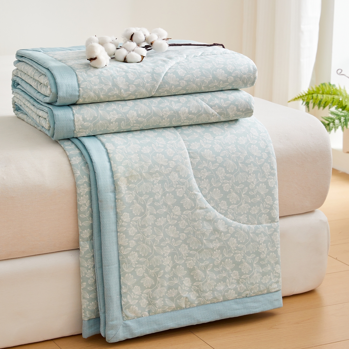 91家纺网 家纺一手货源 找家纺 海洋家纺 2026新款A类里外全棉印花夏被四件套 安妮 蓝