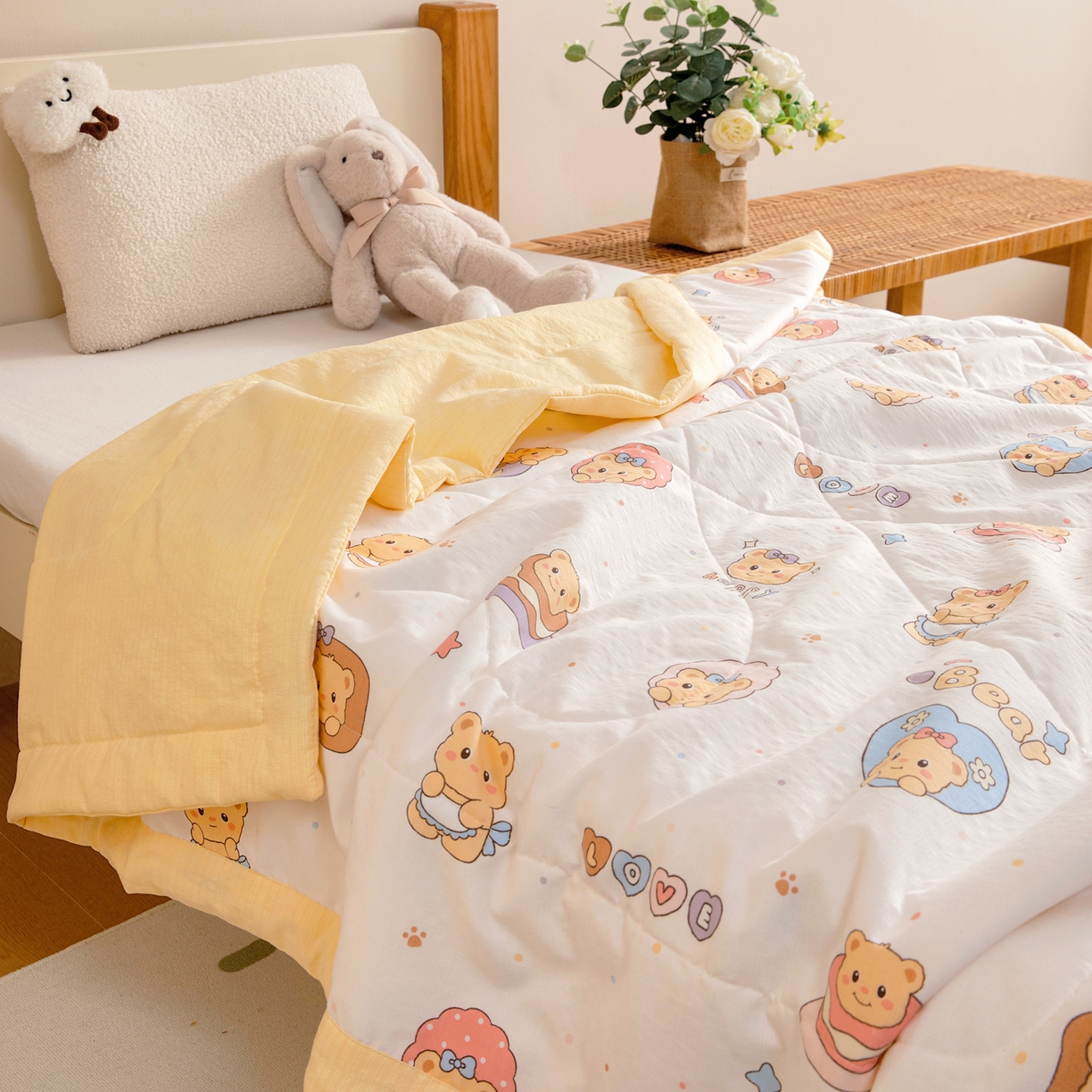 91家纺网 家纺一手货源 找家纺 御棉坊 2026新款A类柔肤棉儿童夏被宝宝空调被幼儿园午睡夏凉被丝绵薄被子 面包小熊