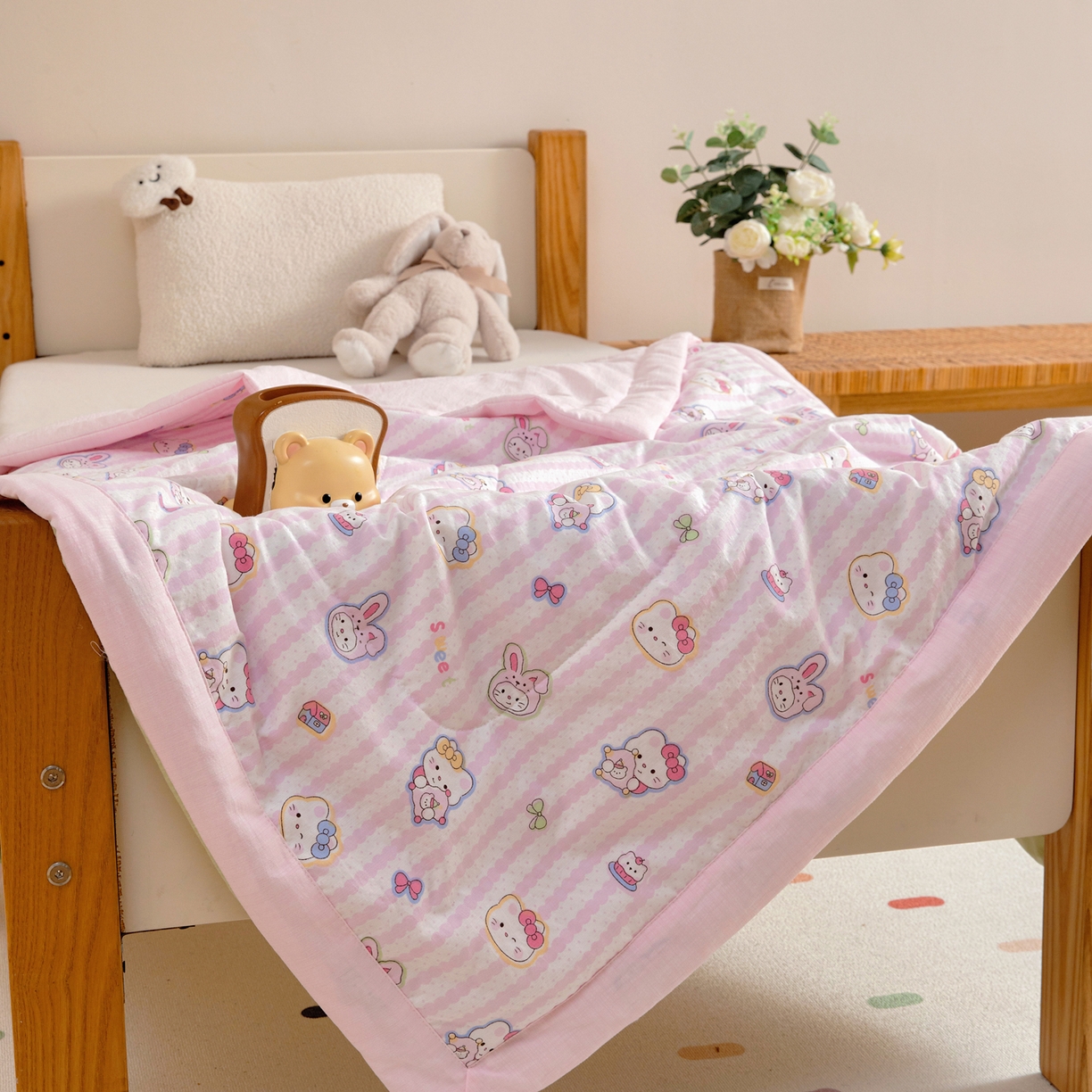 91家纺网 家纺一手货源 找家纺 御棉坊 2026新款A类柔肤棉儿童夏被宝宝空调被幼儿园午睡夏凉被丝绵薄被子 粉粉猫咪