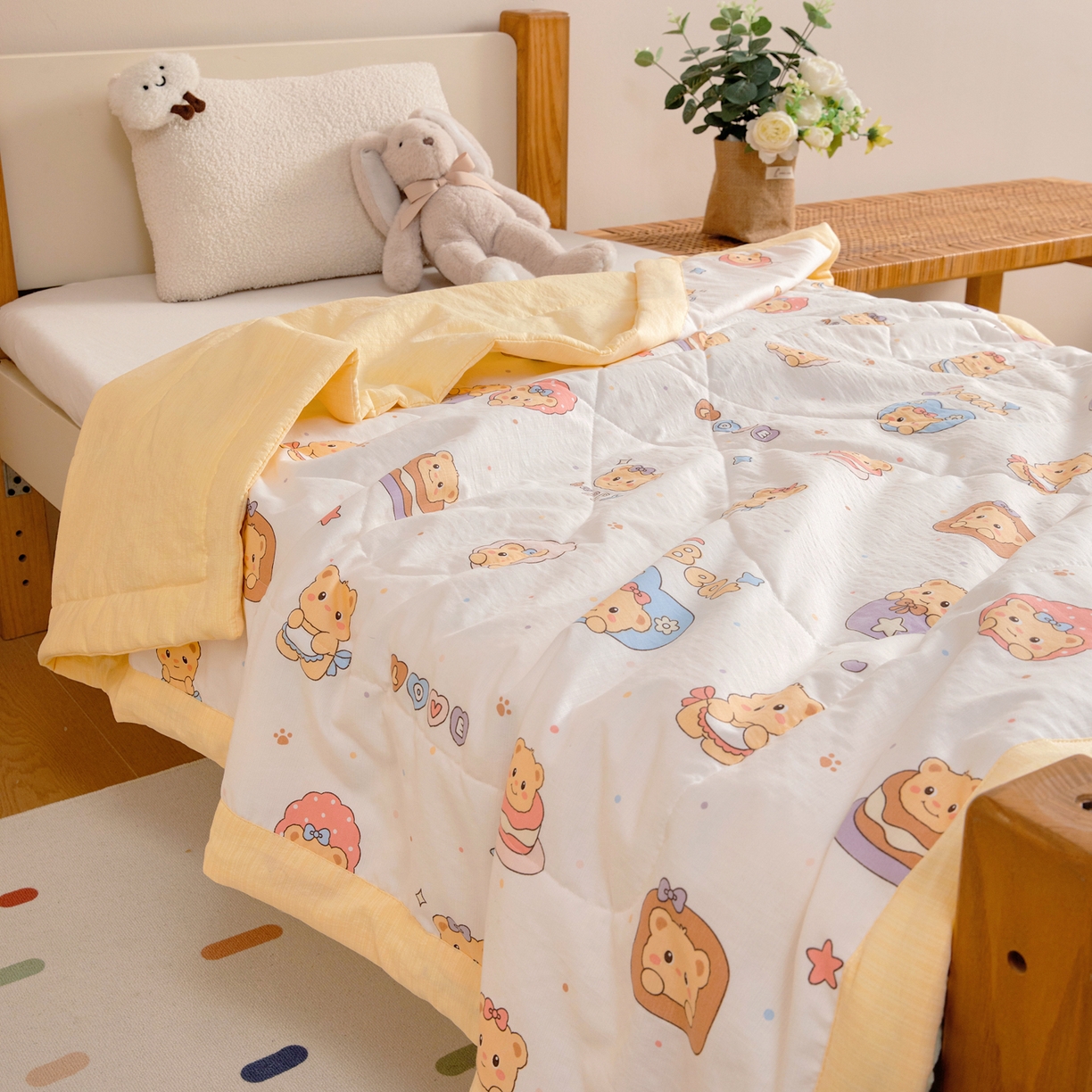 91家纺网 家纺一手货源 找家纺 御棉坊 2026新款A类柔肤棉儿童夏被宝宝空调被幼儿园午睡夏凉被丝绵薄被子 面包小熊