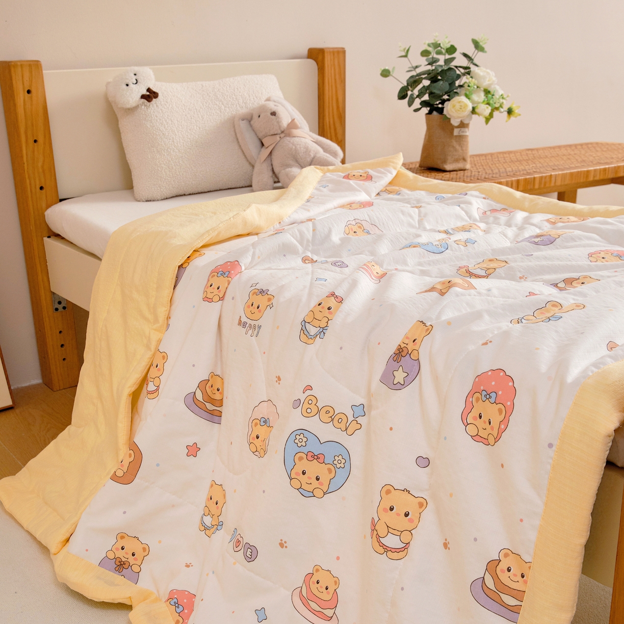 91家纺网 家纺一手货源 找家纺 御棉坊 2026新款A类柔肤棉儿童夏被宝宝空调被幼儿园午睡夏凉被丝绵薄被子 面包小熊