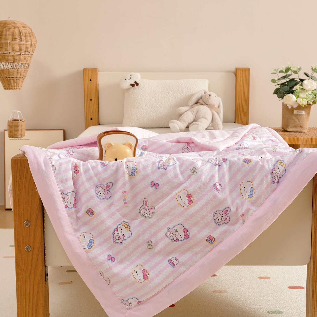 91家纺网 家纺一手货源 找家纺 御棉坊 2026新款A类柔肤棉儿童夏被宝宝空调被幼儿园午睡夏凉被丝绵薄被子 粉粉猫咪