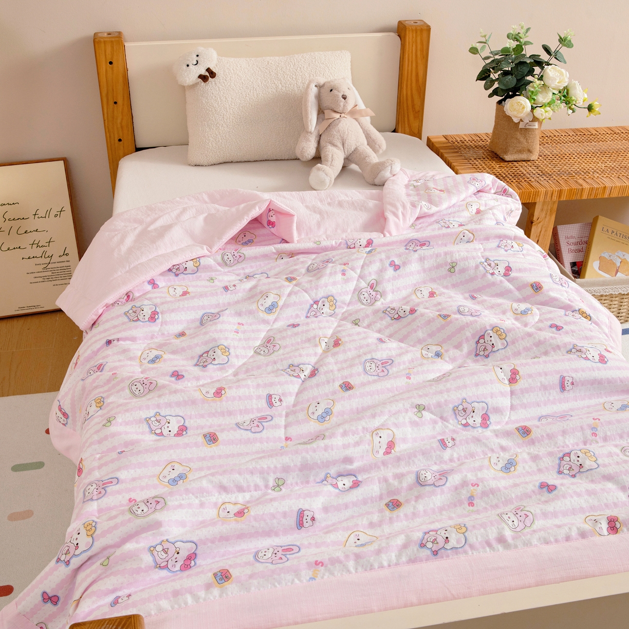 御棉坊 2026新款A类柔肤棉儿童夏被宝宝空调被幼儿园午睡夏凉被丝绵薄被子 粉粉猫咪