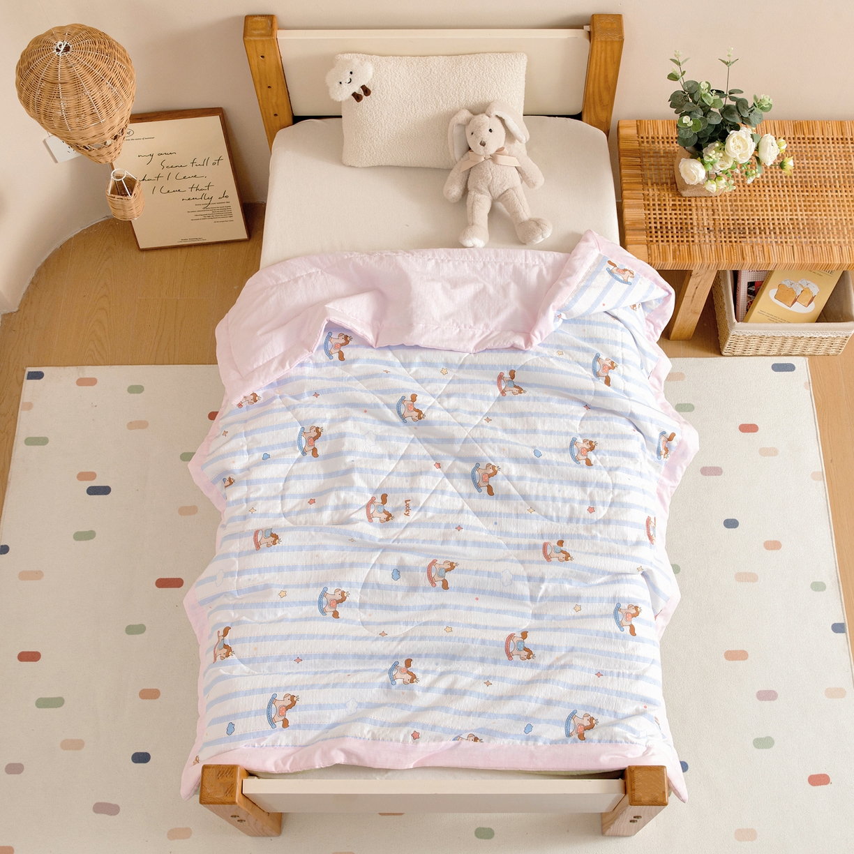 91家纺网 家纺一手货源 找家纺 御棉坊 2026新款A类柔肤棉儿童夏被宝宝空调被幼儿园午睡夏凉被丝绵薄被子 条纹小马