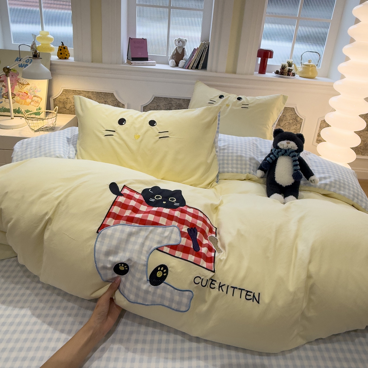 曼谷家纺 2026年 水洗棉兔毛贴布绣四件套被套床单学生双人 躲猫猫