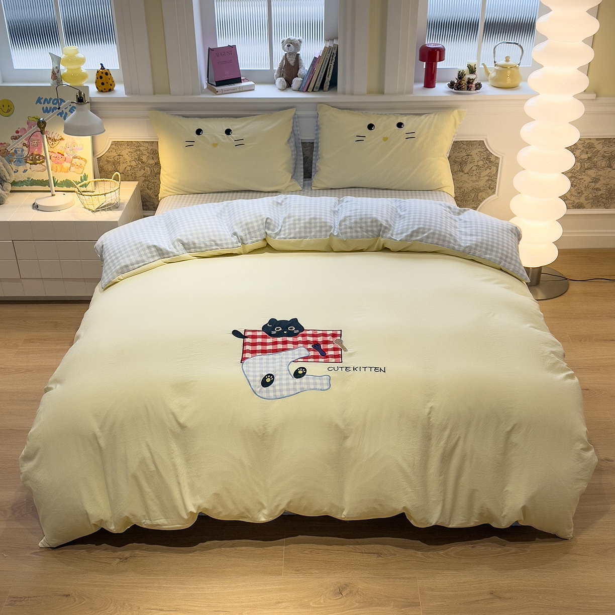 91家纺网 家纺一手货源 找家纺 曼谷家纺 2026年 水洗棉兔毛贴布绣四件套被套床单学生双人 躲猫猫