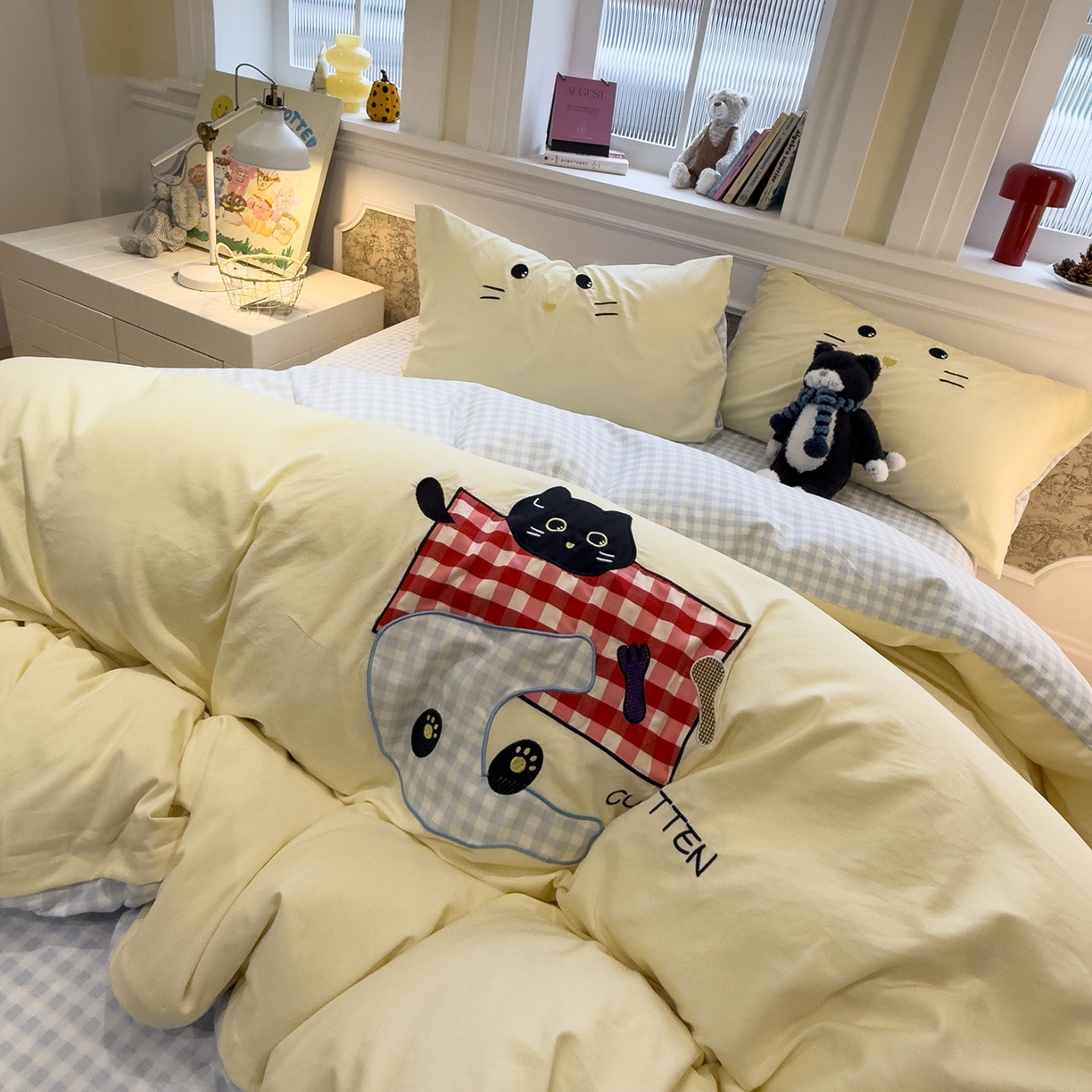 91家纺网 家纺一手货源 找家纺 曼谷家纺 2026年 水洗棉兔毛贴布绣四件套被套床单学生双人 躲猫猫