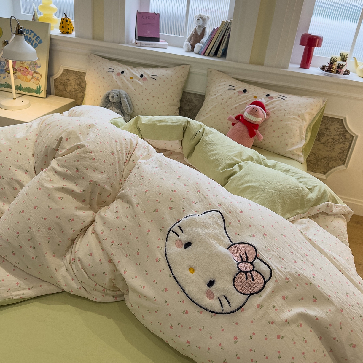 曼谷家纺 2026年 水洗棉兔毛贴布绣四件套被套床单学生双人 可爱猫-碎花