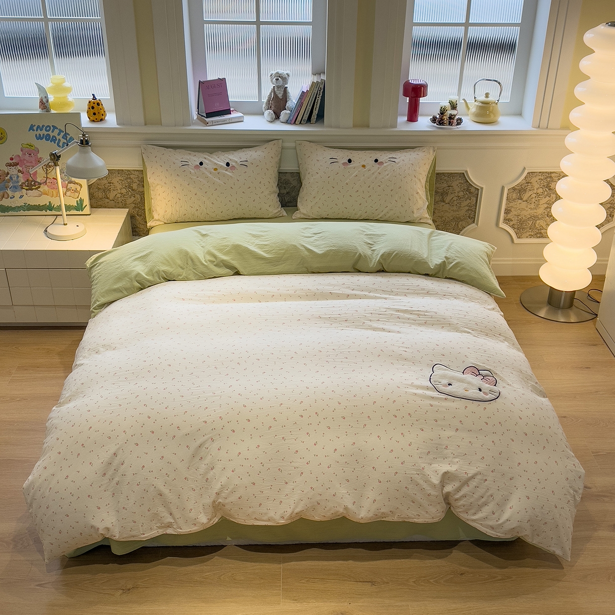 91家纺网 家纺一手货源 找家纺 曼谷家纺 2026年 水洗棉兔毛贴布绣四件套被套床单学生双人 可爱猫-碎花