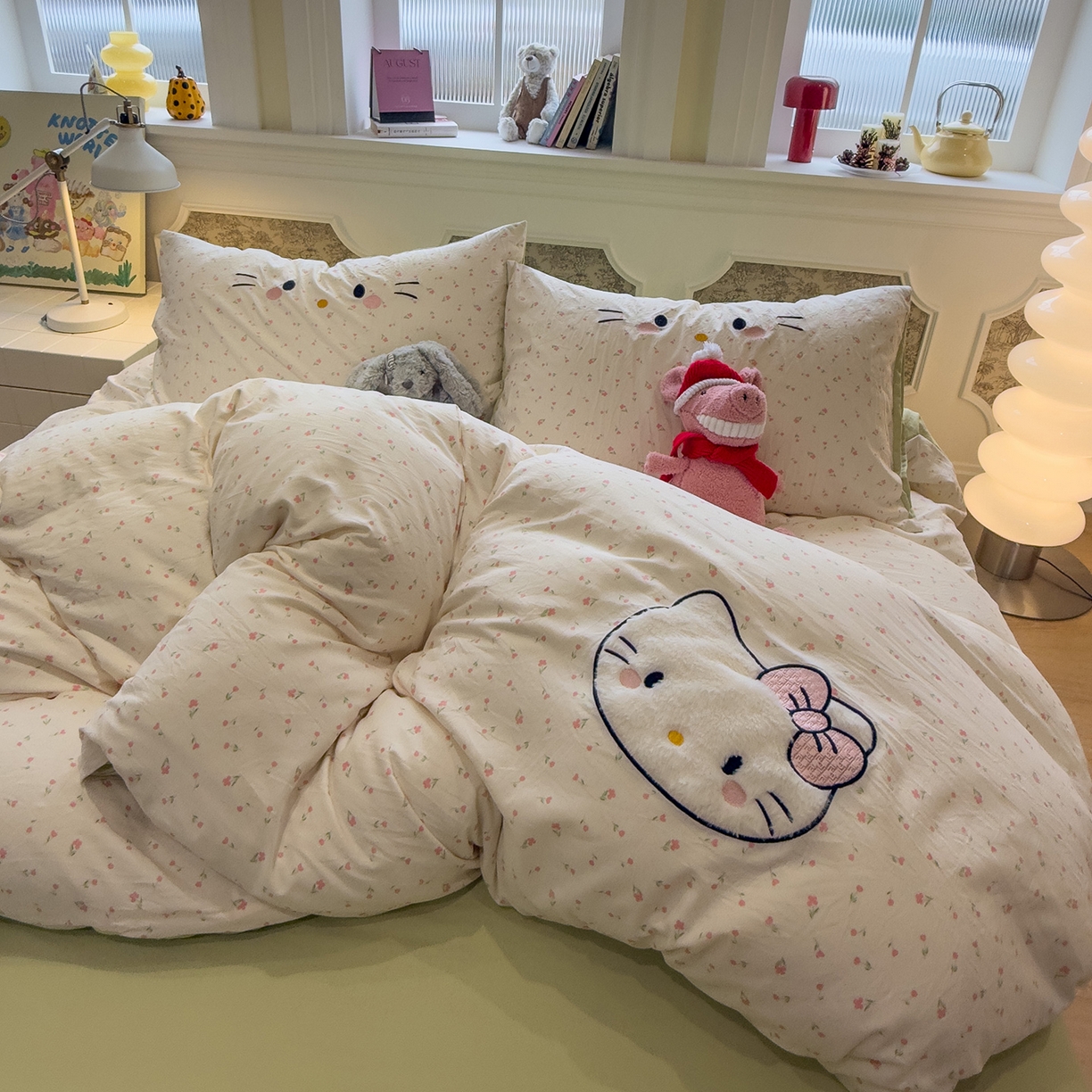 91家纺网 家纺一手货源 找家纺 曼谷家纺 2026年 水洗棉兔毛贴布绣四件套被套床单学生双人 可爱猫-碎花