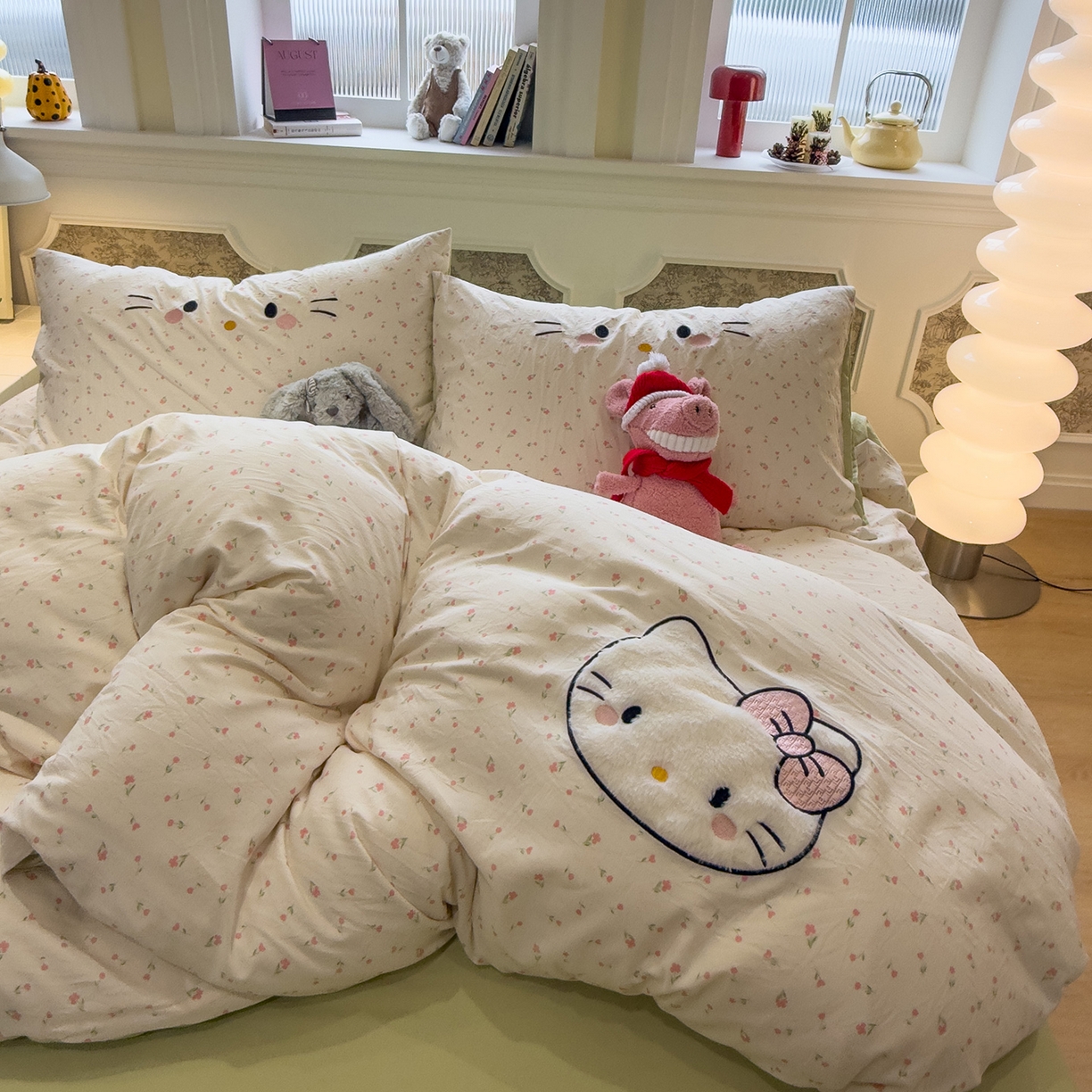 91家纺网 家纺一手货源 找家纺 曼谷家纺 2026年 水洗棉兔毛贴布绣四件套被套床单学生双人 可爱猫-碎花