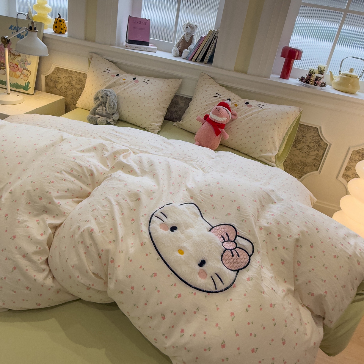 91家纺网 家纺一手货源 找家纺 曼谷家纺 2026年 水洗棉兔毛贴布绣四件套被套床单学生双人 可爱猫-碎花