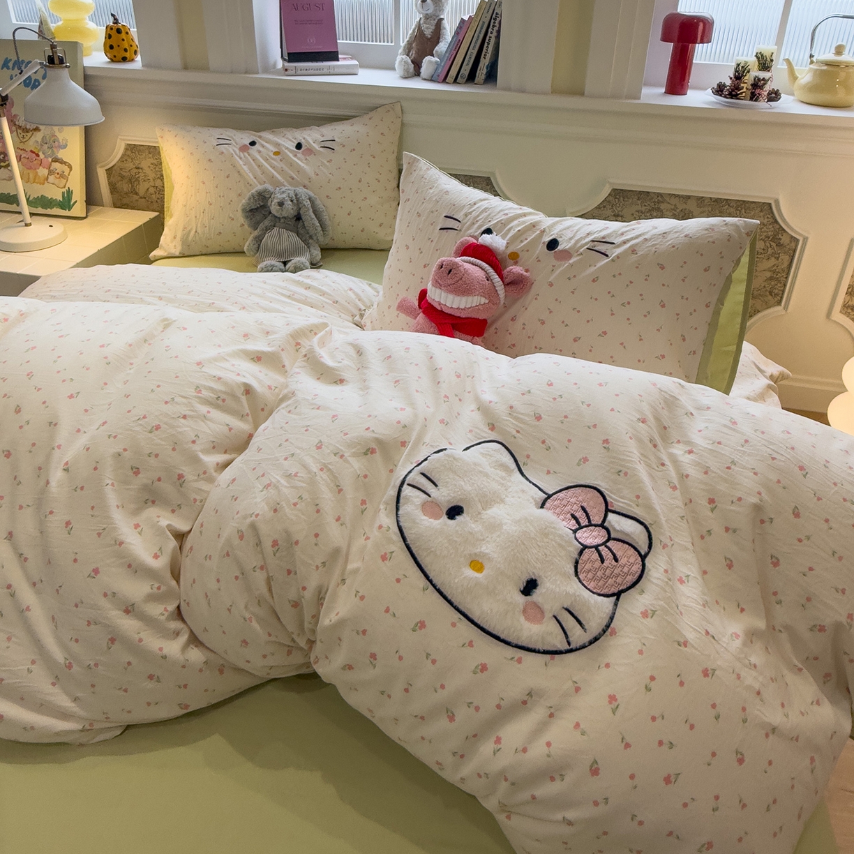 91家纺网 家纺一手货源 找家纺 曼谷家纺 2026年 水洗棉兔毛贴布绣四件套被套床单学生双人 可爱猫-碎花