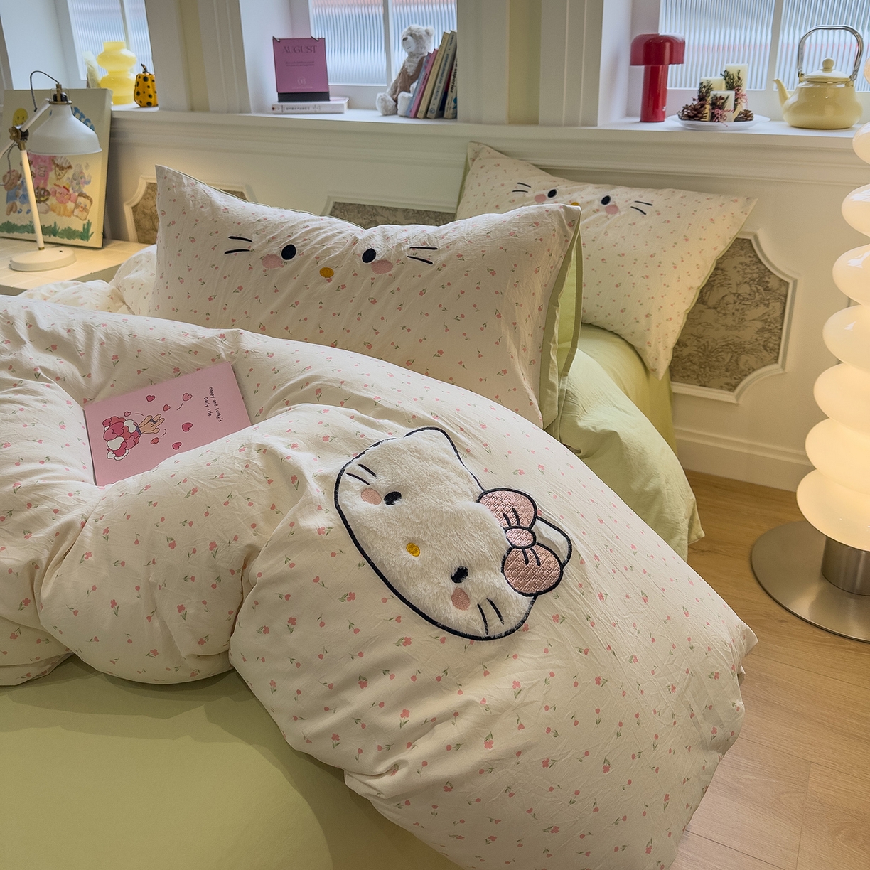 91家纺网 家纺一手货源 找家纺 曼谷家纺 2026年 水洗棉兔毛贴布绣四件套被套床单学生双人 可爱猫-碎花